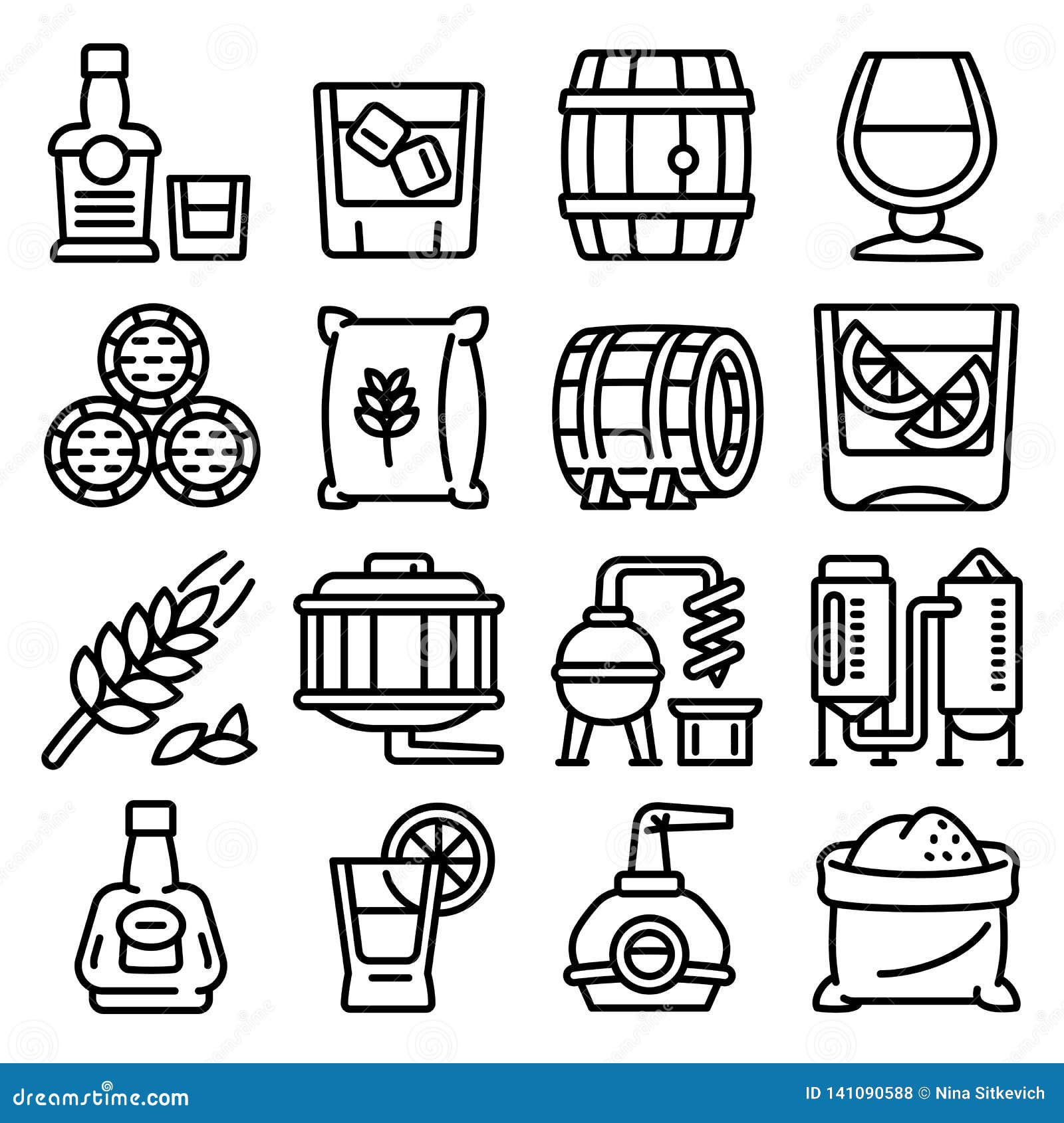 Whisky Icons Set, Outline Style Stock Vector Illustration of cask