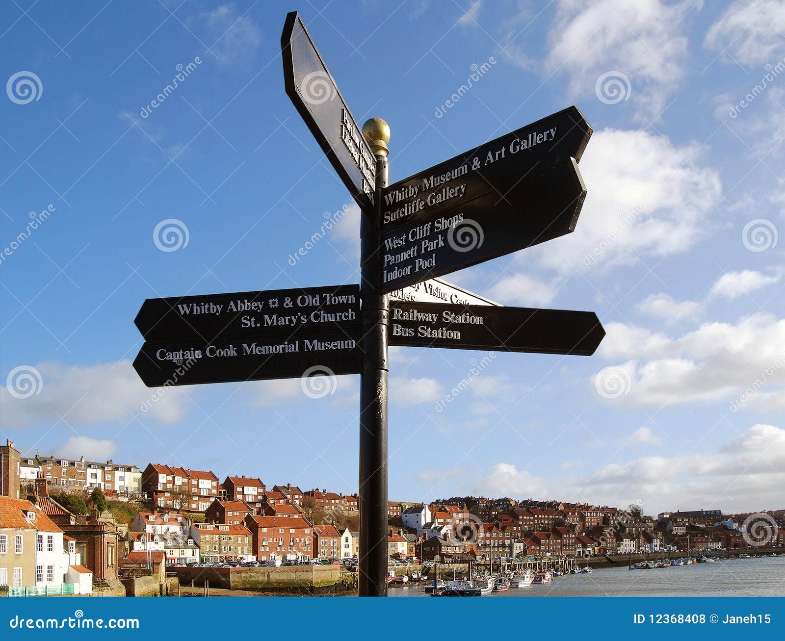 Whitby signpost stock photo. Image of post, black, river 12368408