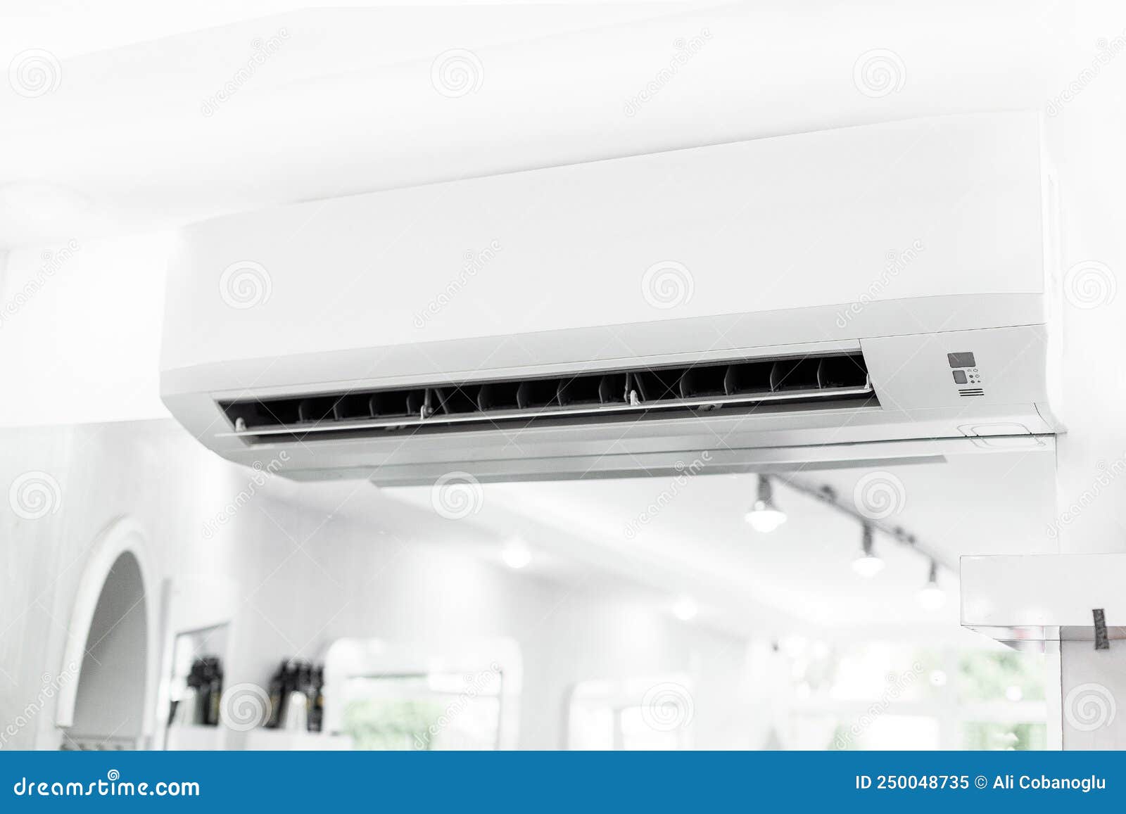 White Air Conditioner Hanging on White Wall Stock Image Image of