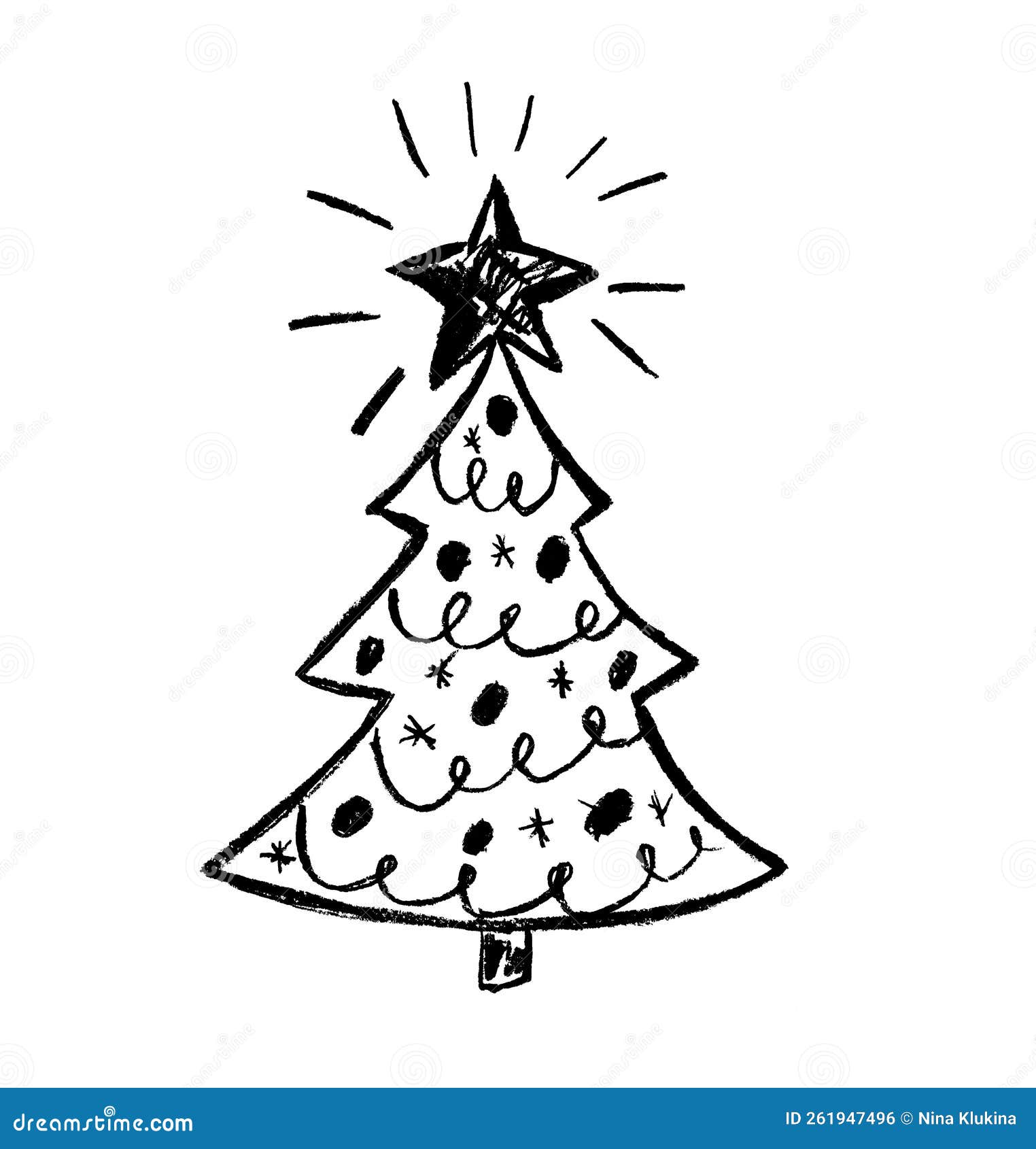 On a White Background, the Black Outline of a Christmas Tree with a