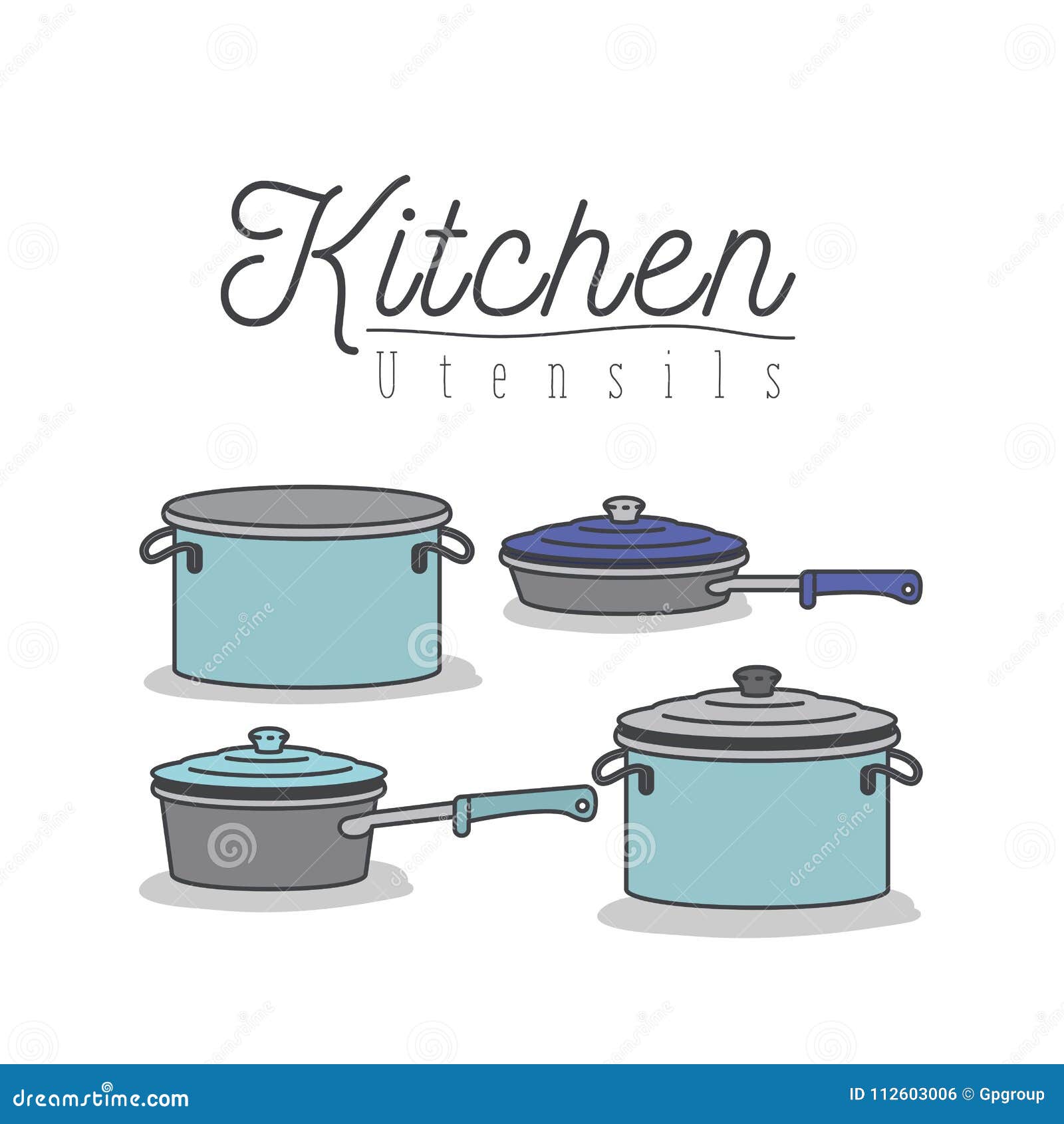 white background with colorful set of kitchen pots and pans with lids kitchen utensils