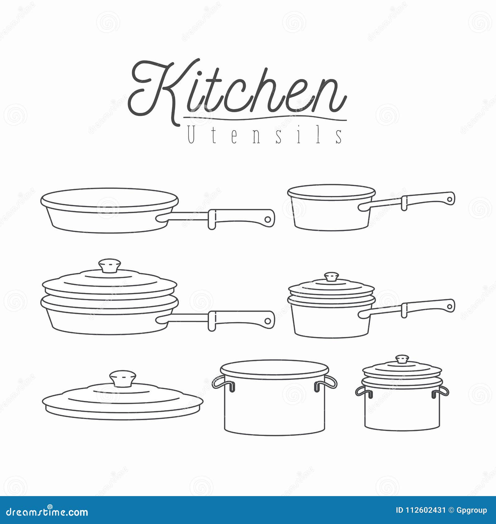 white background with silhouette set of kitchen pots and pans with lids kitchen utensils