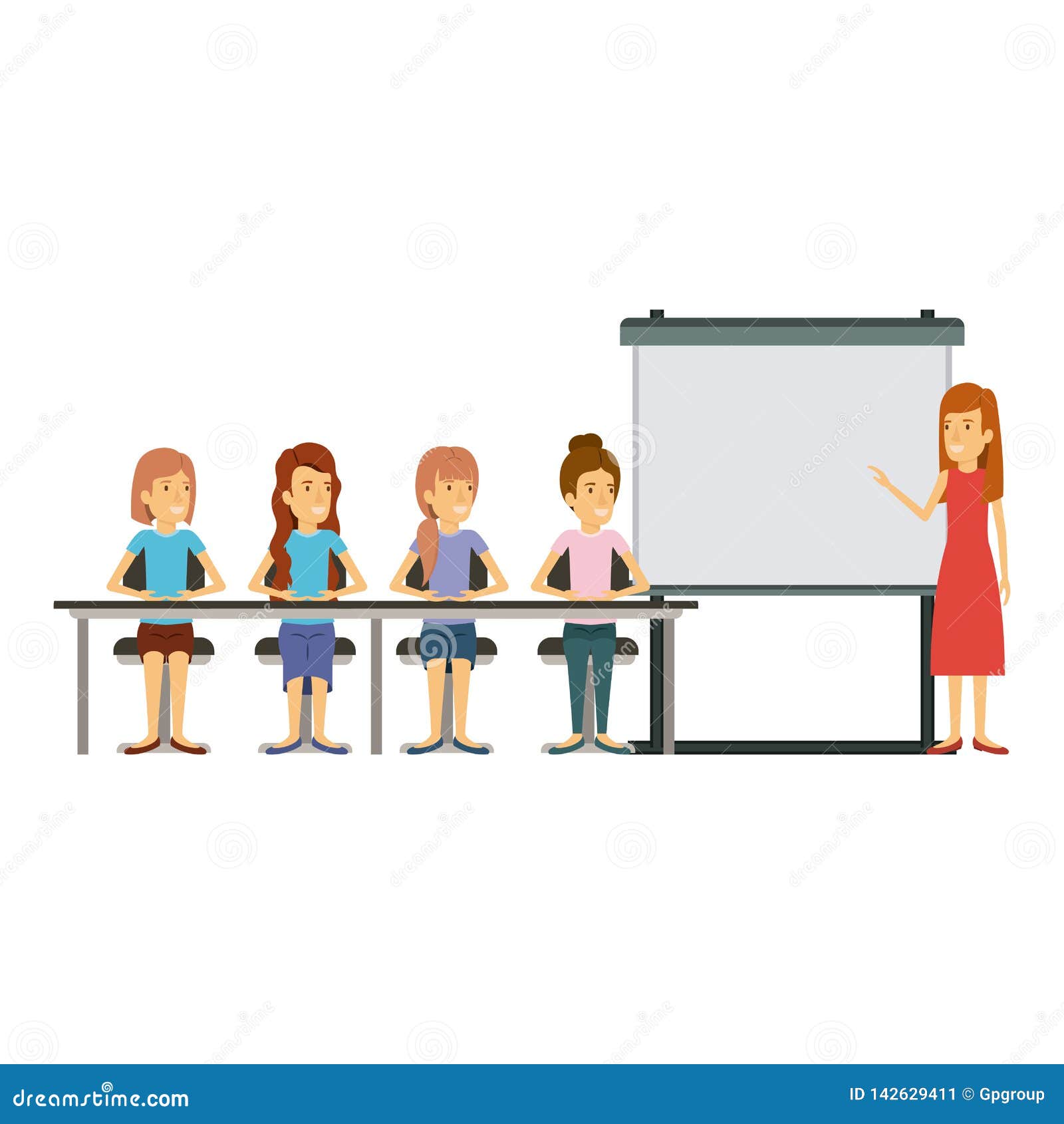 white background with women group sitting in a desk for executive female in presentacion business people