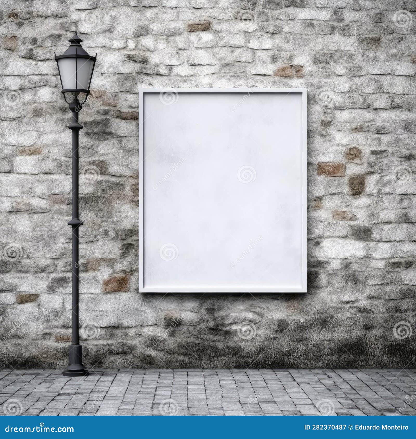 White Banner on Stone Wall with Metallic Lamp Post Stock Illustration