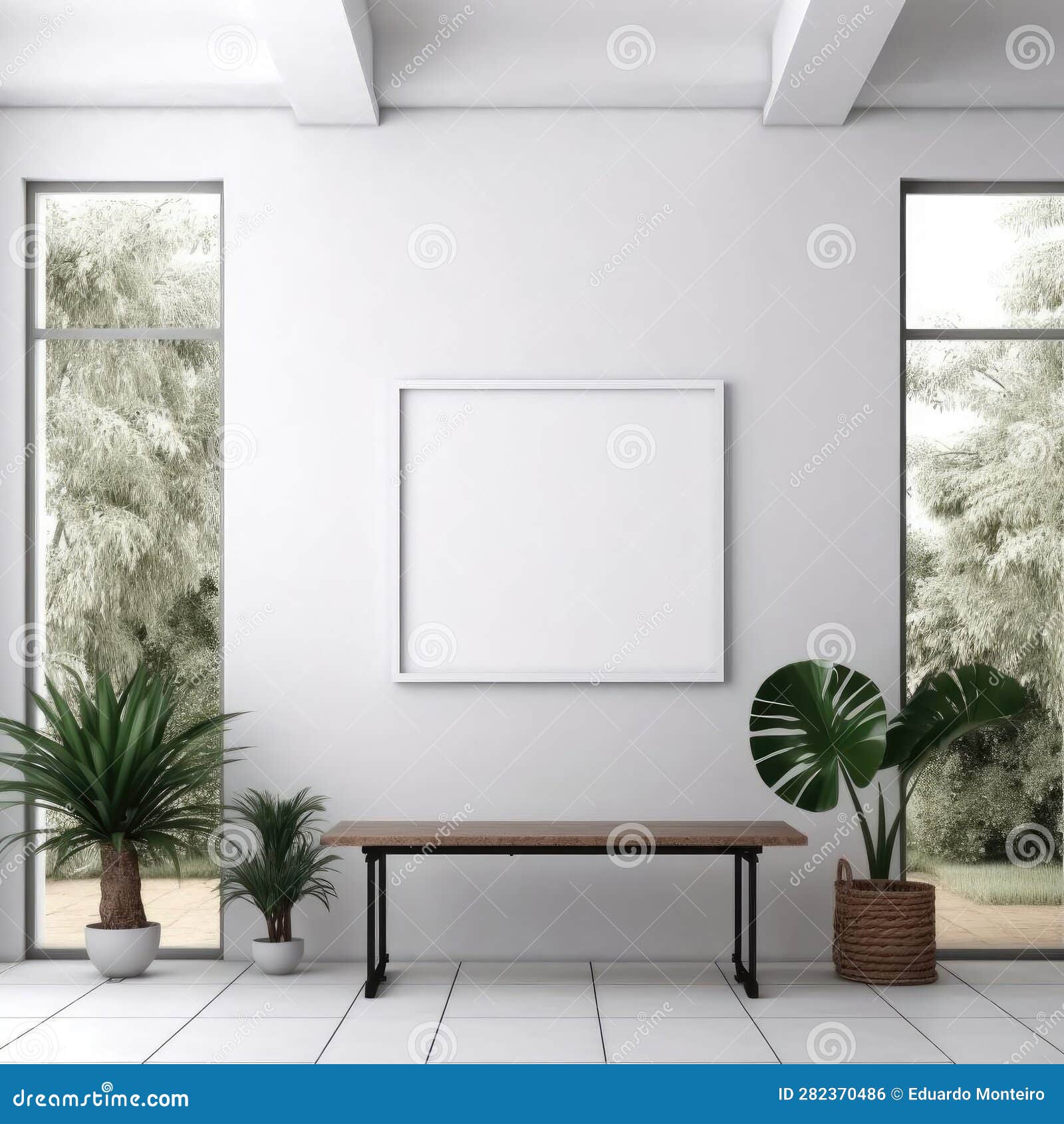 White Banner on White Wall with Black Window Frame Stock Illustration