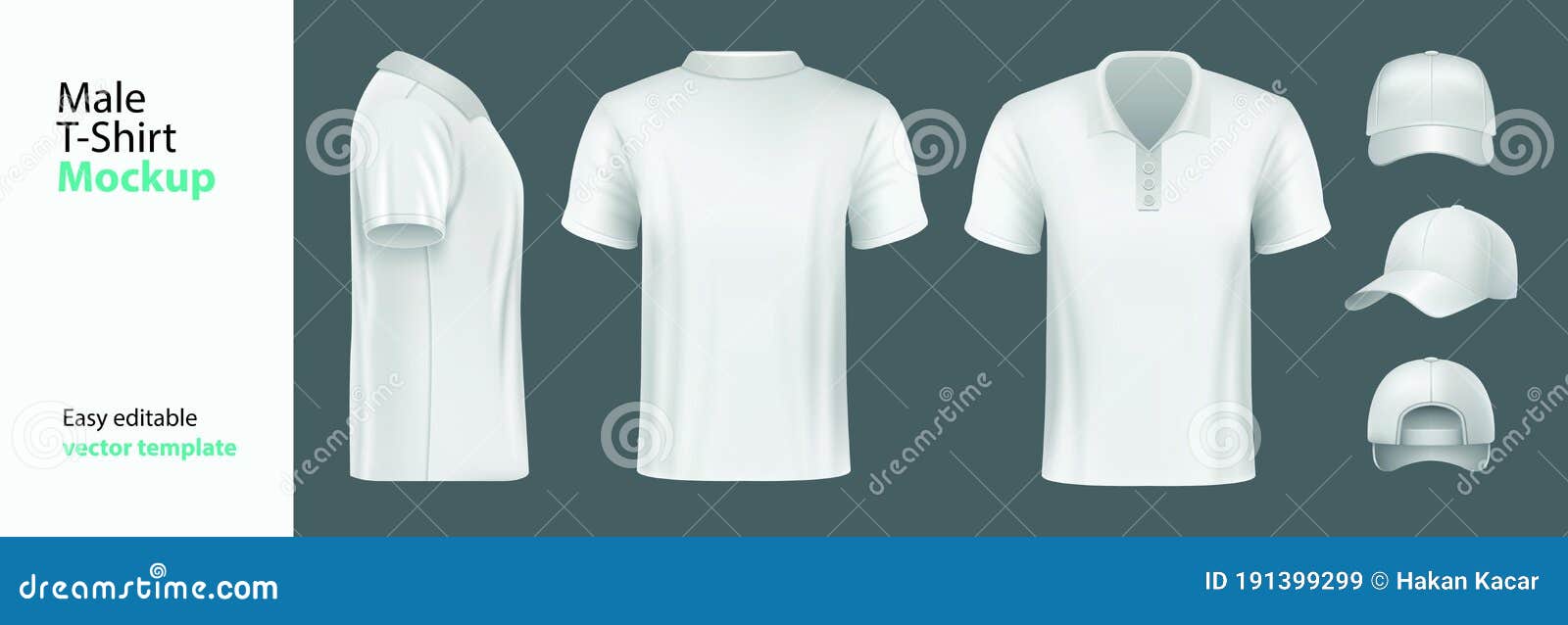 White Baseball Cap and T-shirt Mockup, Front and Back View. Stock ...