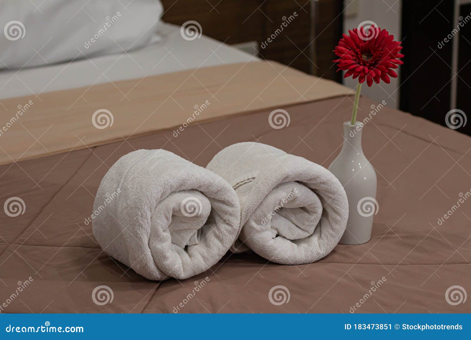 White Bath Towels Roll on a Bed in the Hotel Suite Stock Image Image