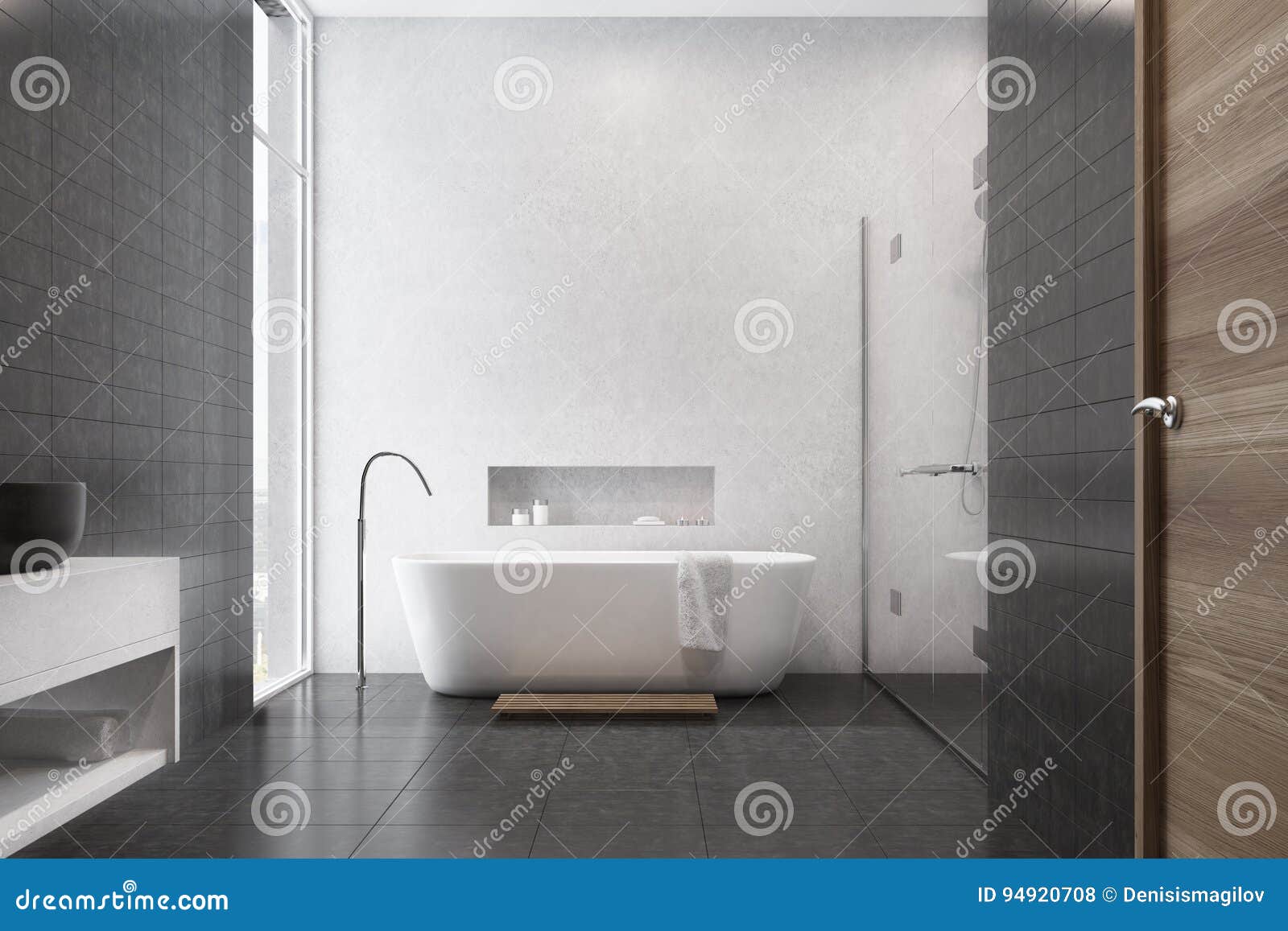 White Bathroom, Black Tiles, Sink Stock Illustration - Illustration of ...