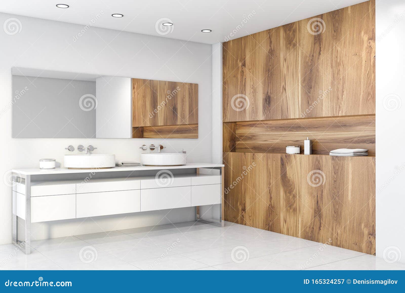 White Bathroom Corner With Sink And Wooden Shelf Stock Illustration Illustration Of Building