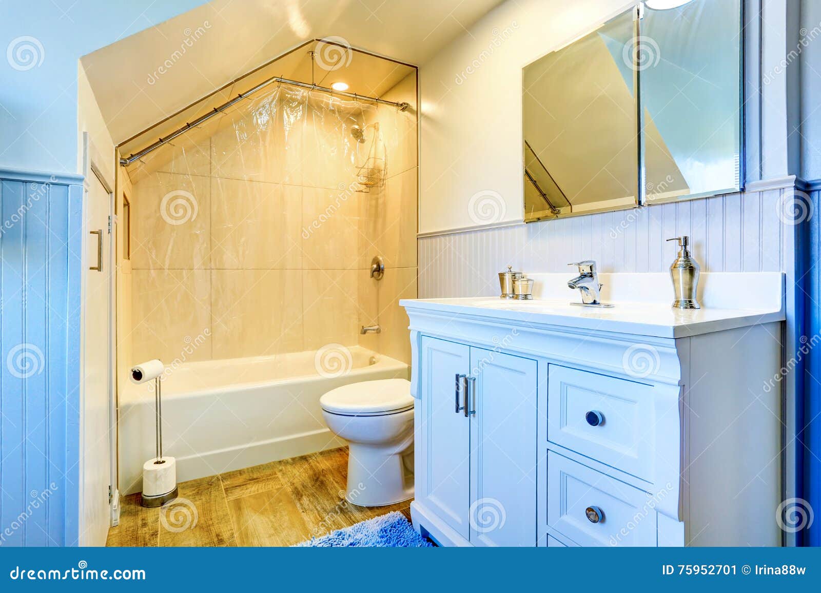 White Bathroom with Shower and Vaulted Ceiling Stock Image Image of