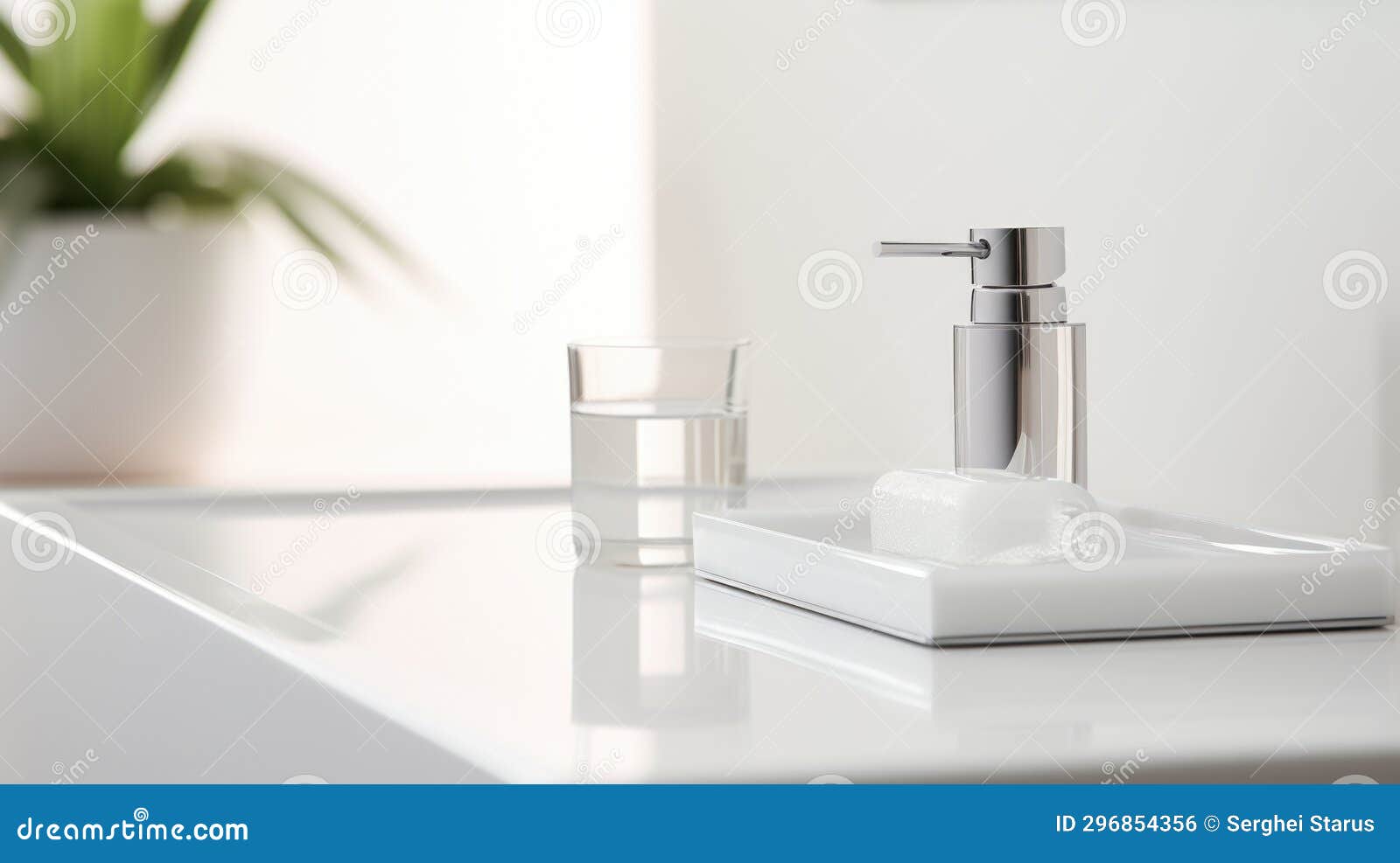 A White Bathroom Sink with Soap Dispenser and Glass, AI Stock Photo