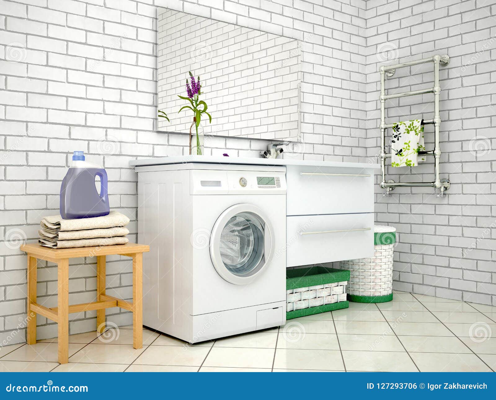 White Bathroom with Washing Machine. Stock Photo Image of washing, home 127293706