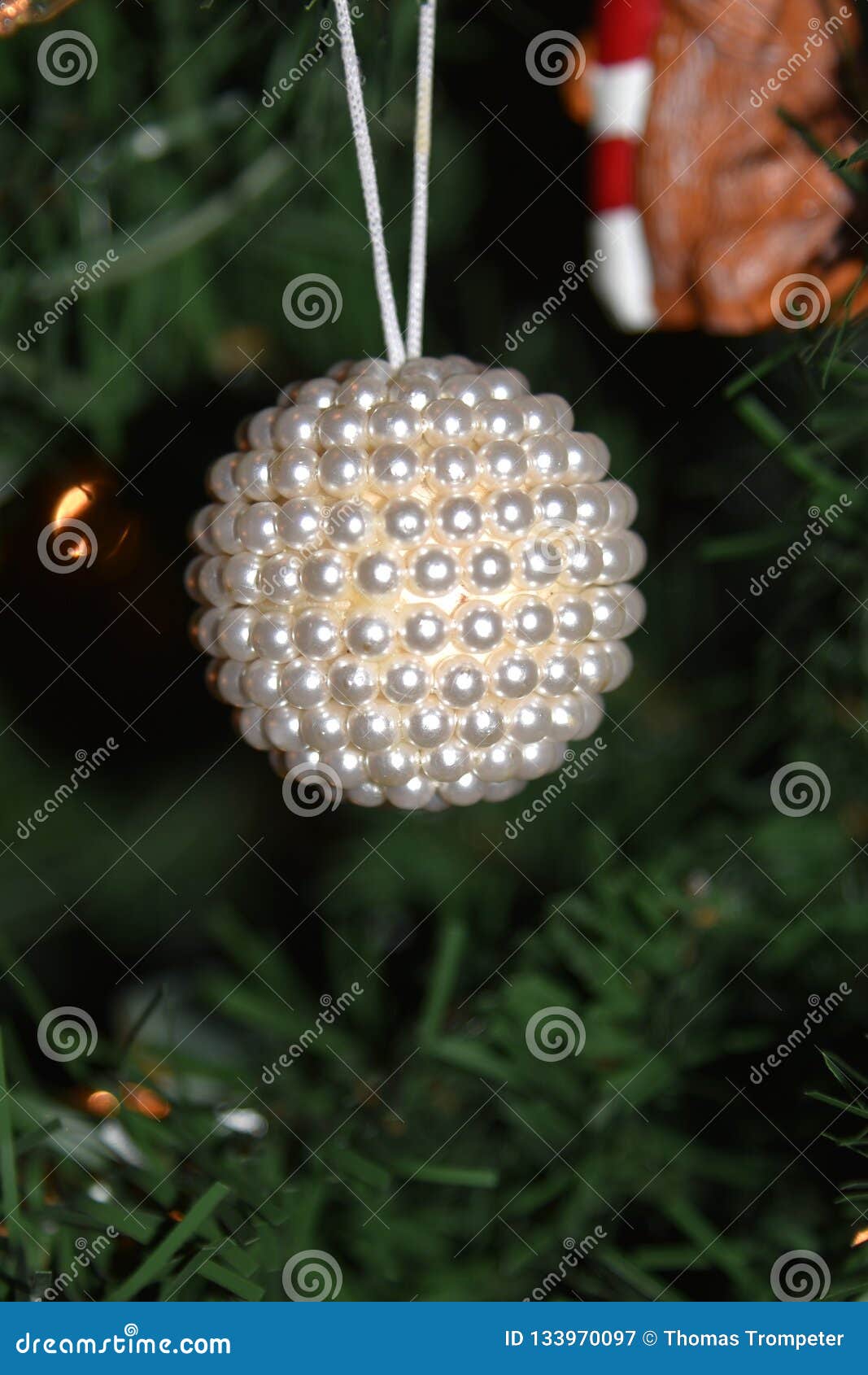 White Beaded Christmas Ornament Hanging in Tree Stock Image Image of