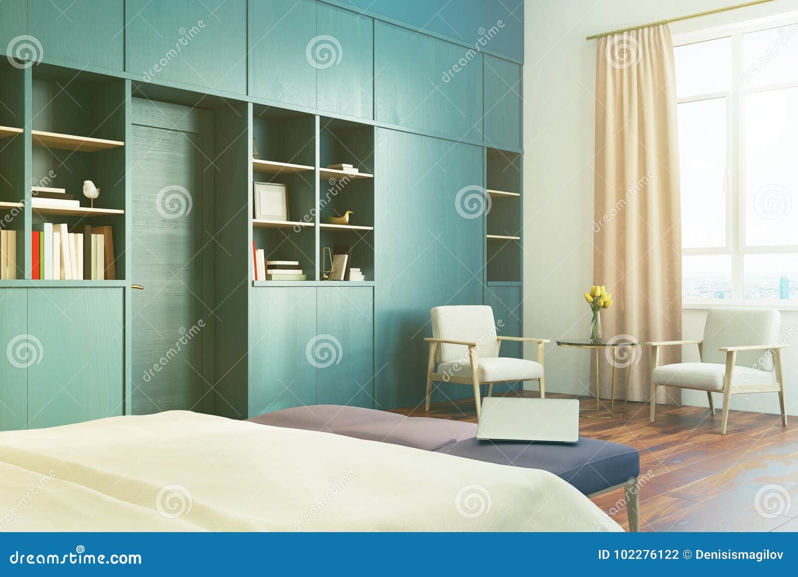 White Bedroom Blue Bookcase Peach Toned Stock Illustration