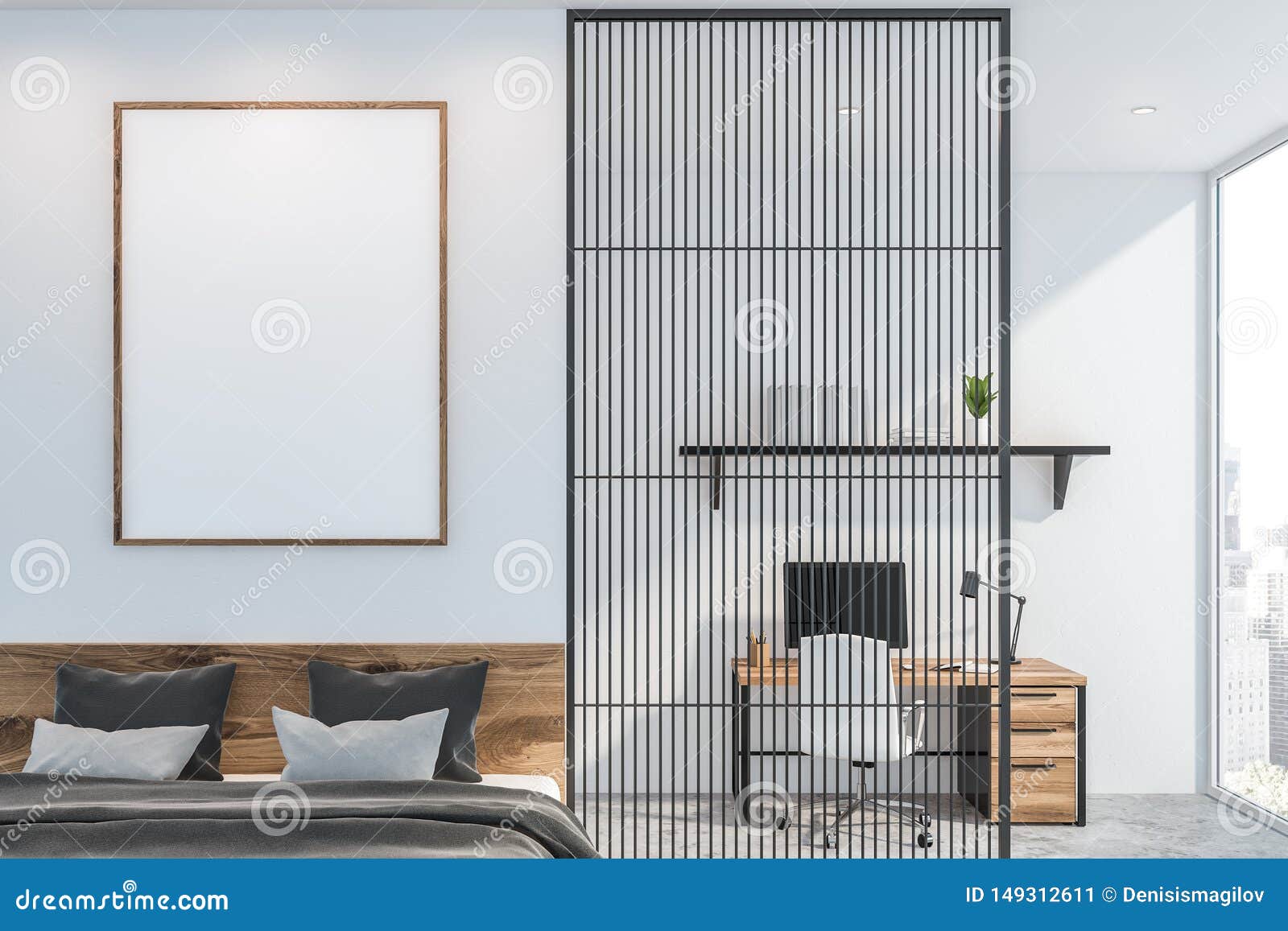 White Bedroom And Home Office Interior With Poster Stock