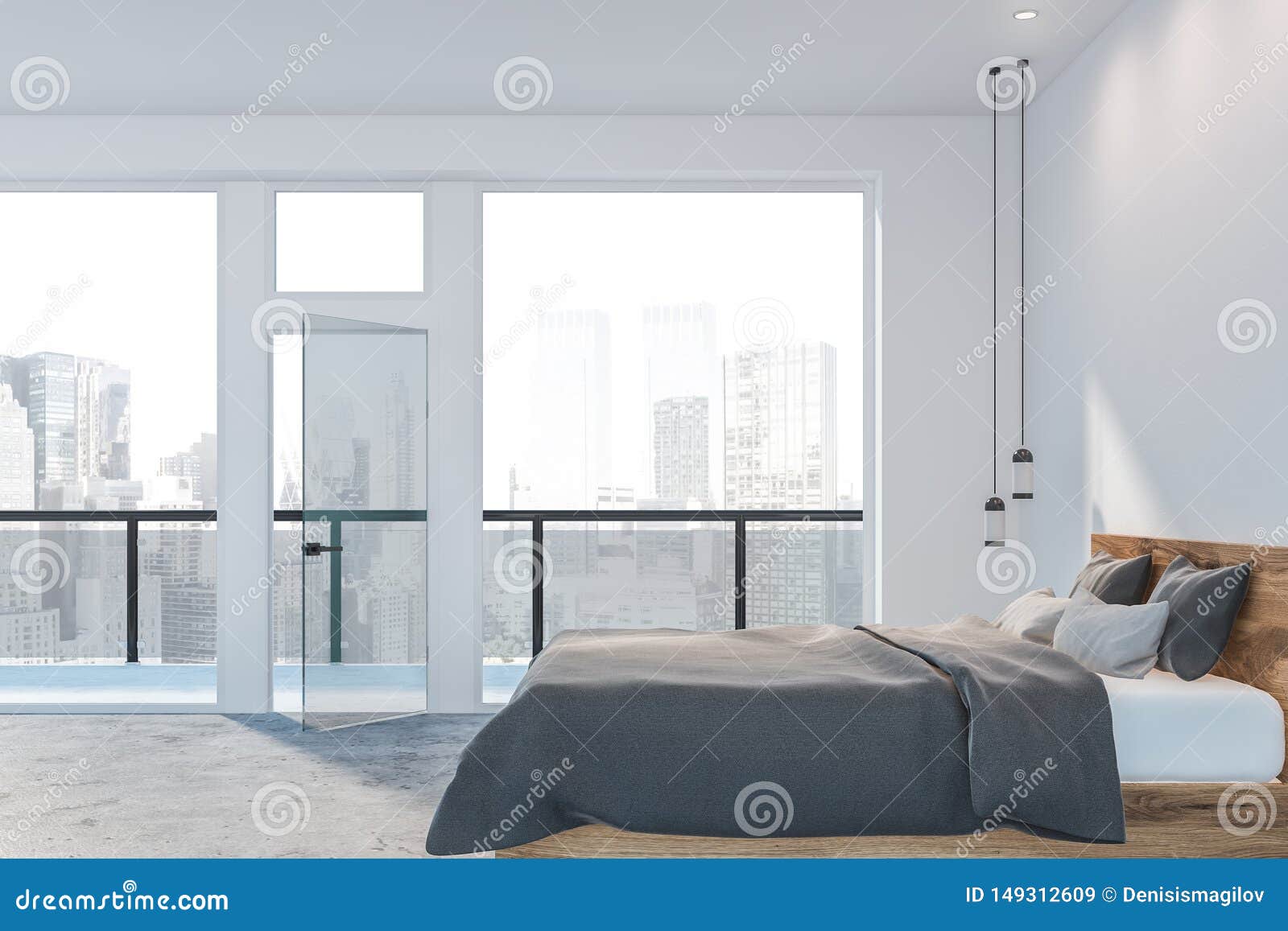 White Bedroom Interior With Balcony Stock Illustration