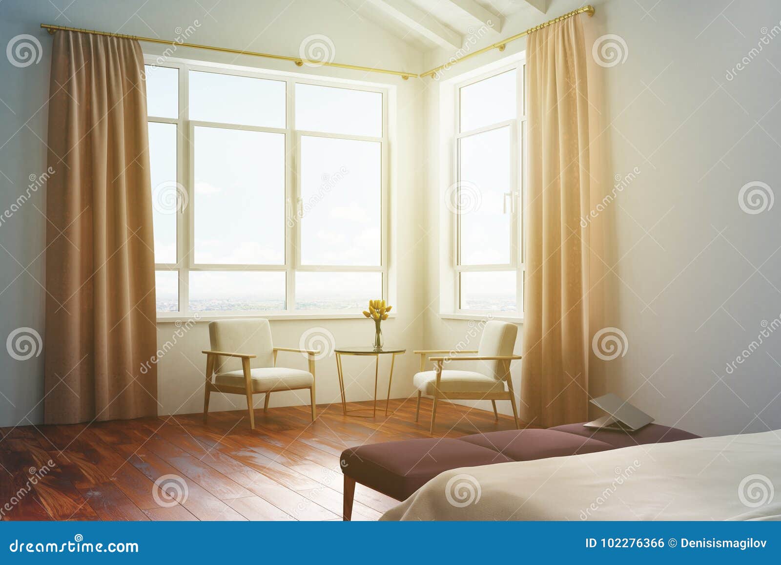 White Bedroom Peach Curtains Toned Stock Illustration
