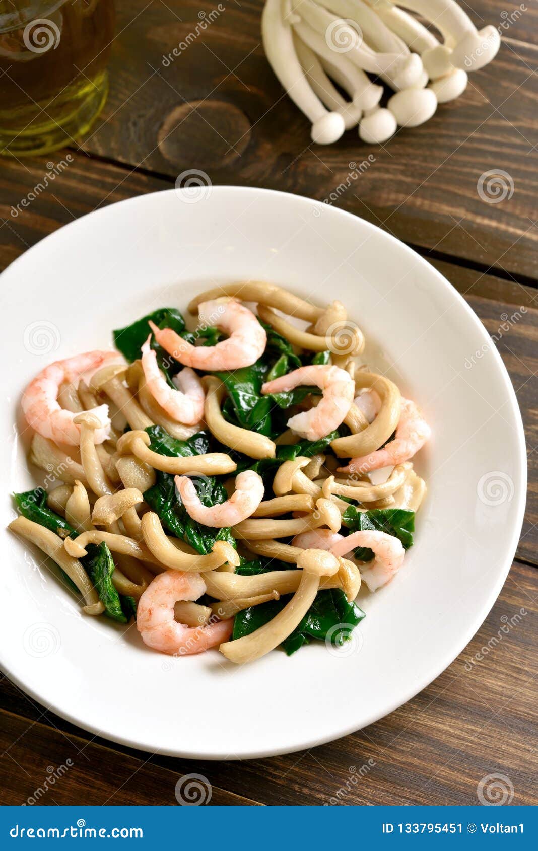 White Beech Mushrooms with Leaves of Spinach and Shrimps Stock Image ...