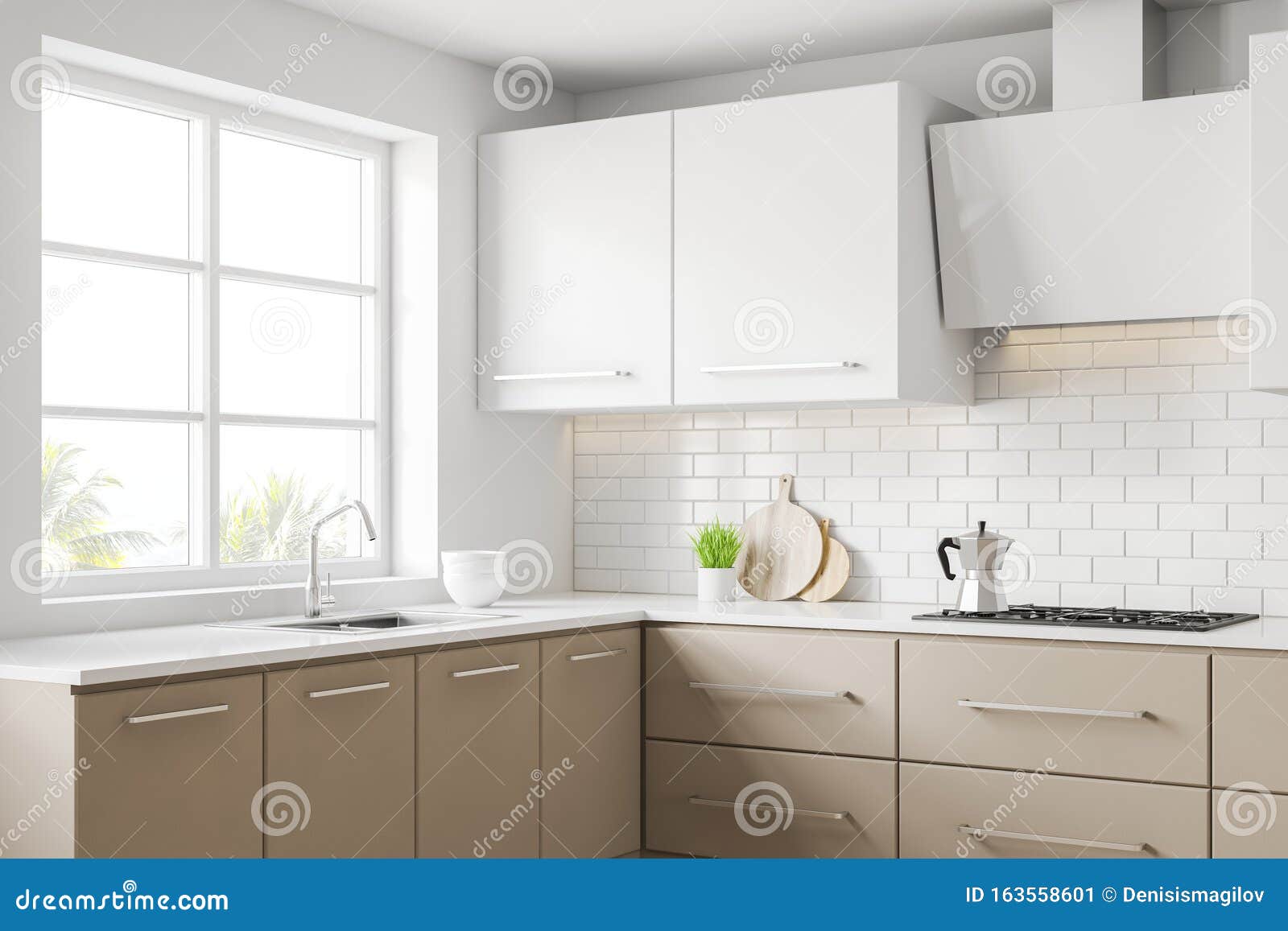 White And Beige Kitchen Corner With Countertops Stock Illustration