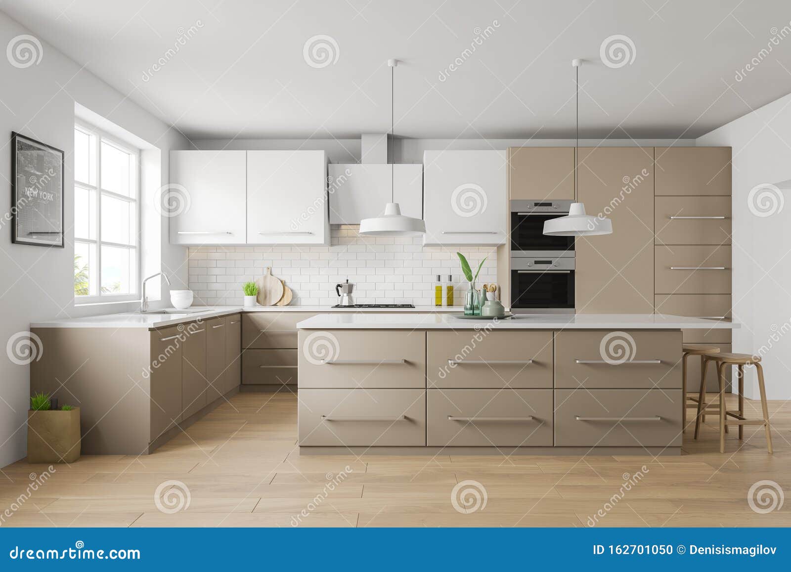 White And Beige Kitchen Interior Bar And Picture Stock