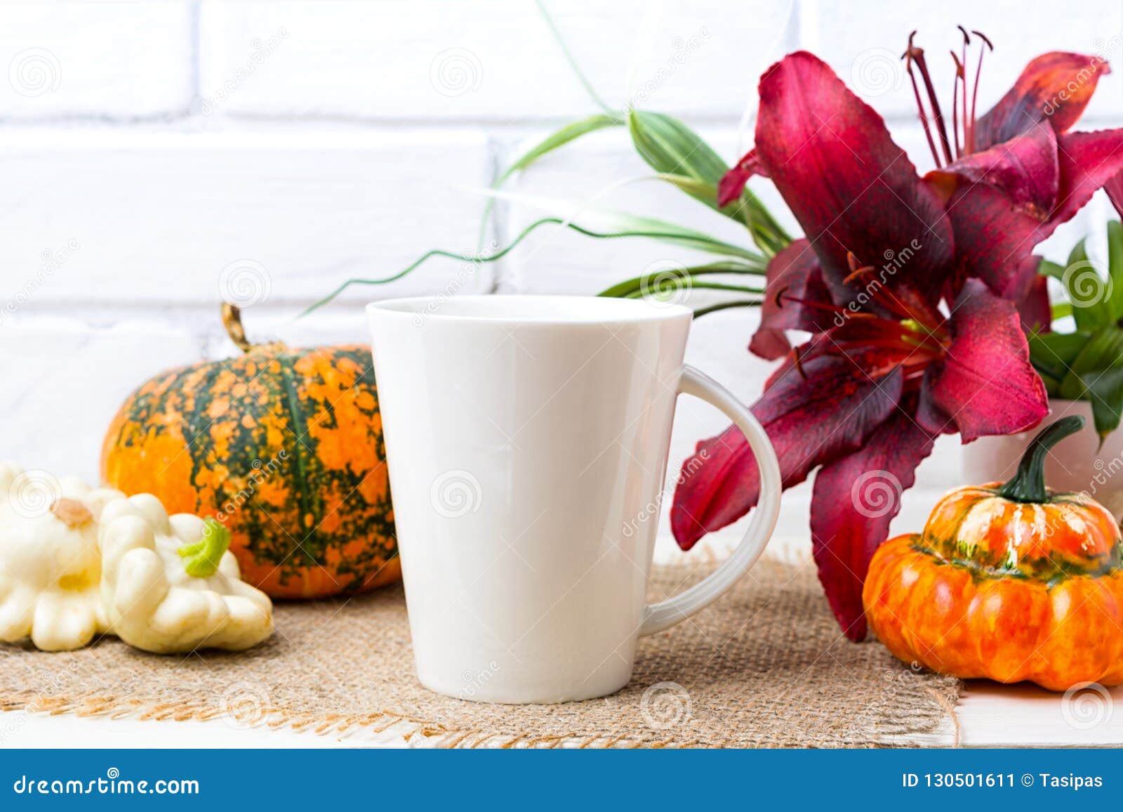 Download White Big Coffee Latte Mug Mockup With Pumpkin And Red ...