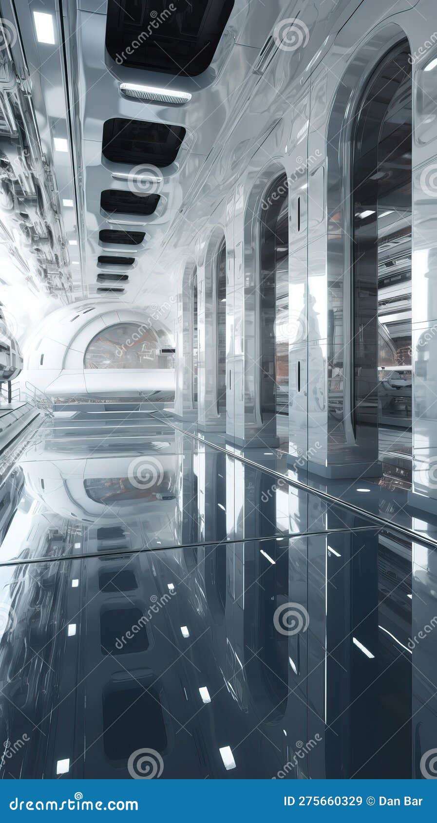 white and black glossy interior space facility maintenance cargo, sci-fi image, futuristic space exploration. generative ai