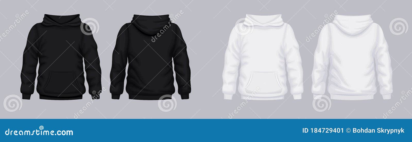 white black hoodie front back mockup. fashionable template sweatshirt.