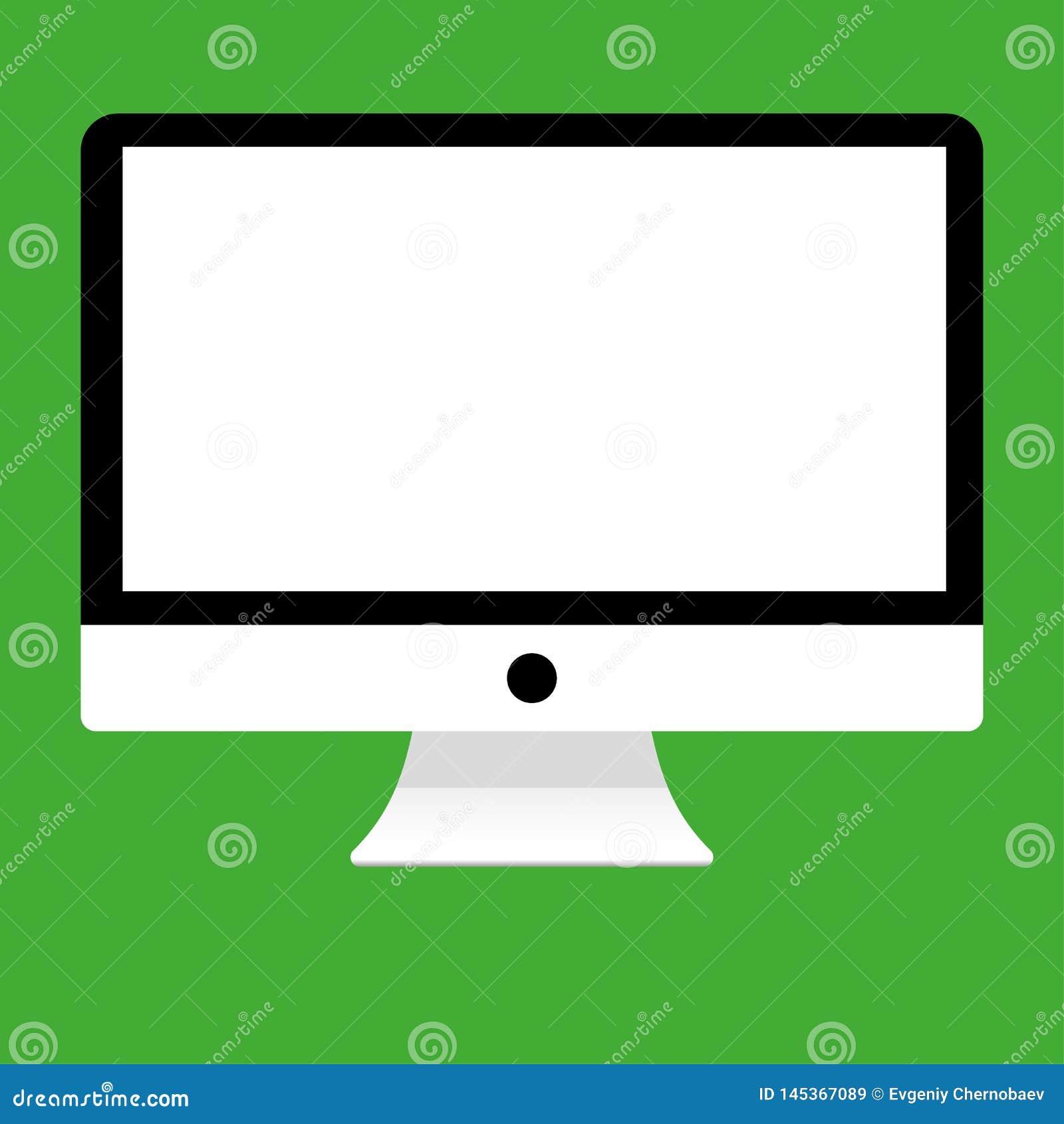 white and black imac computer with whitee empy screen front view on green background  eps10. desktop computer flat style.