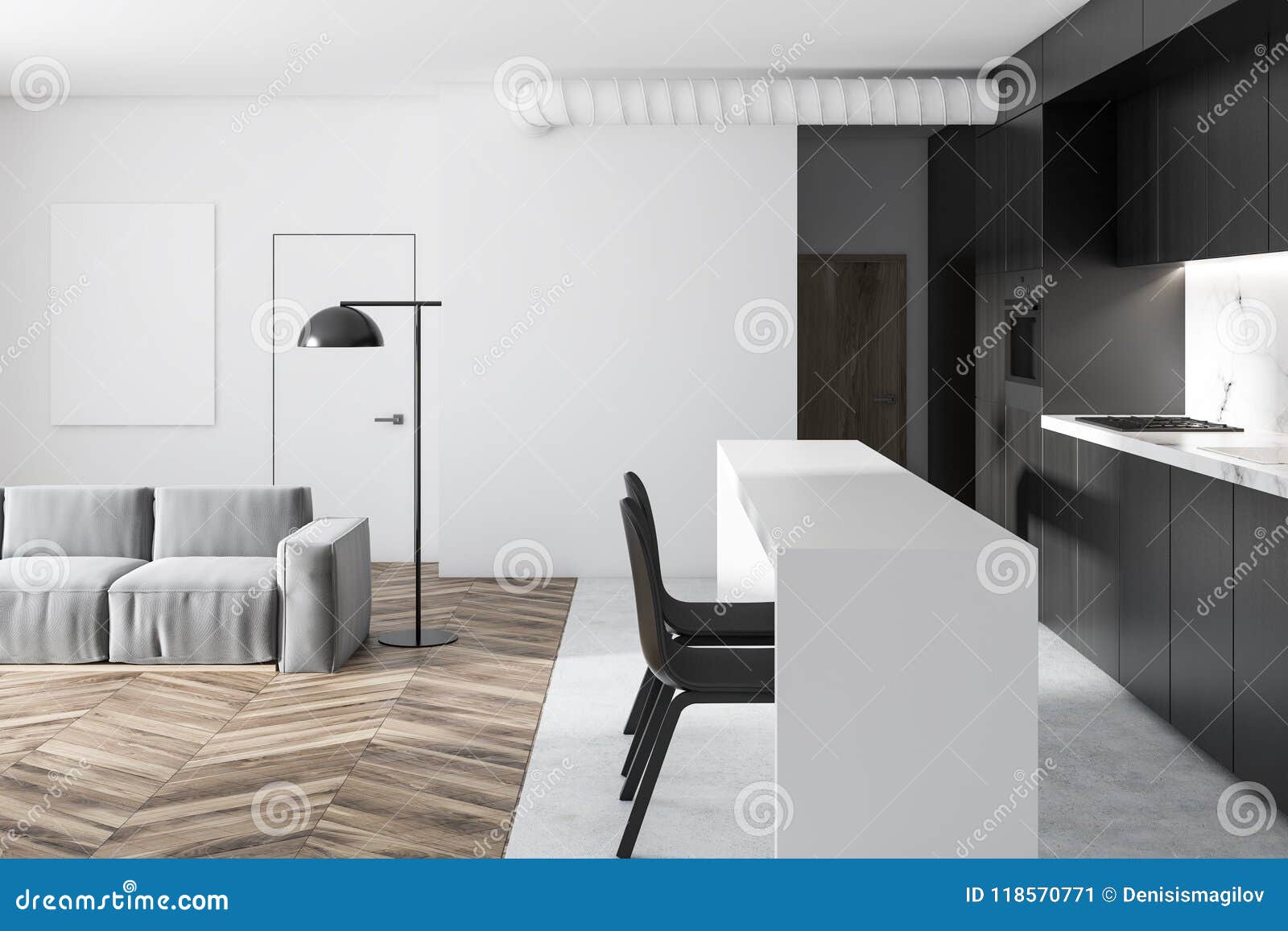 White And Black Kitchen And Living Room Stock Illustration
