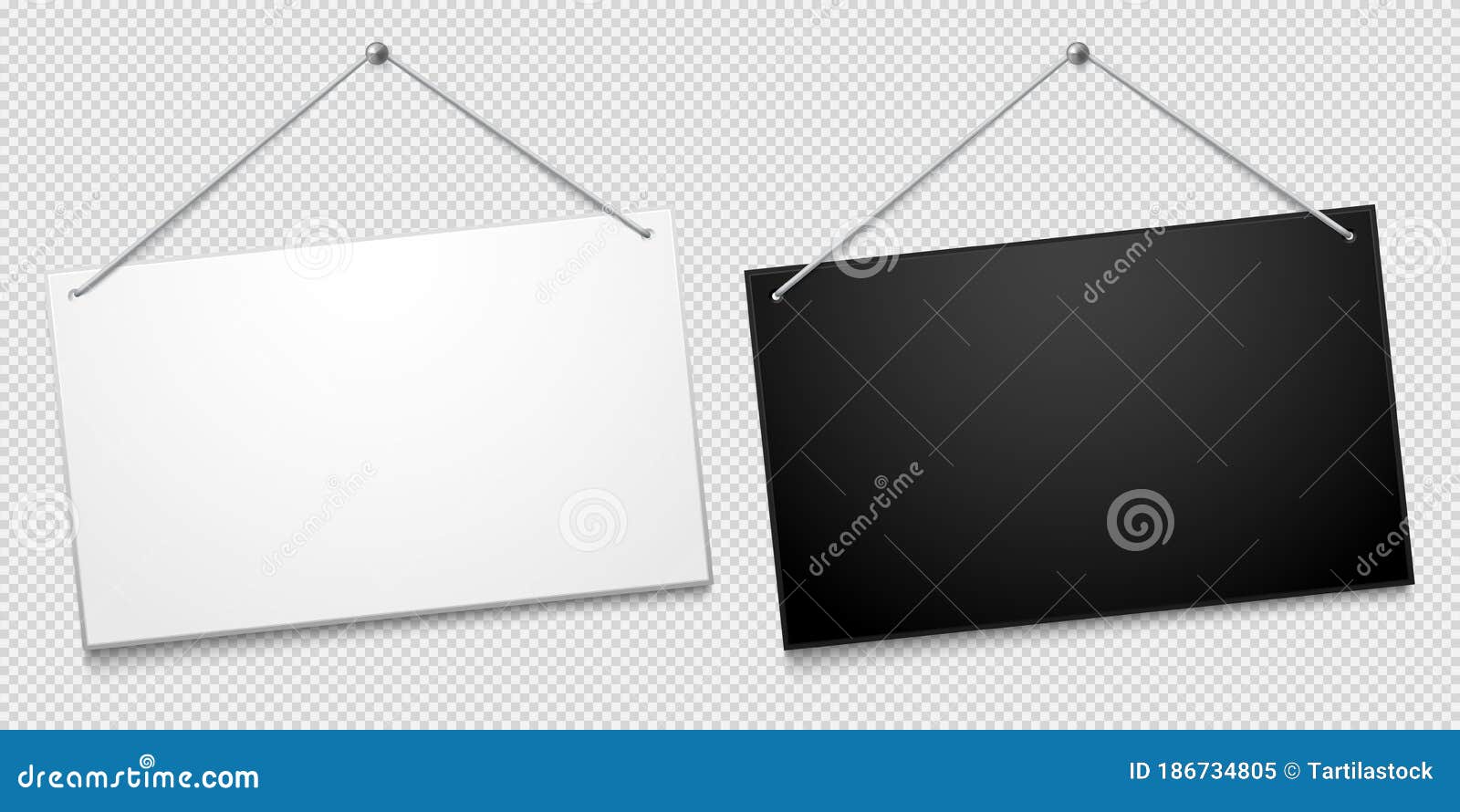 white and black shop door signboards hanging on nail  on transparent background. empty or blank sign.