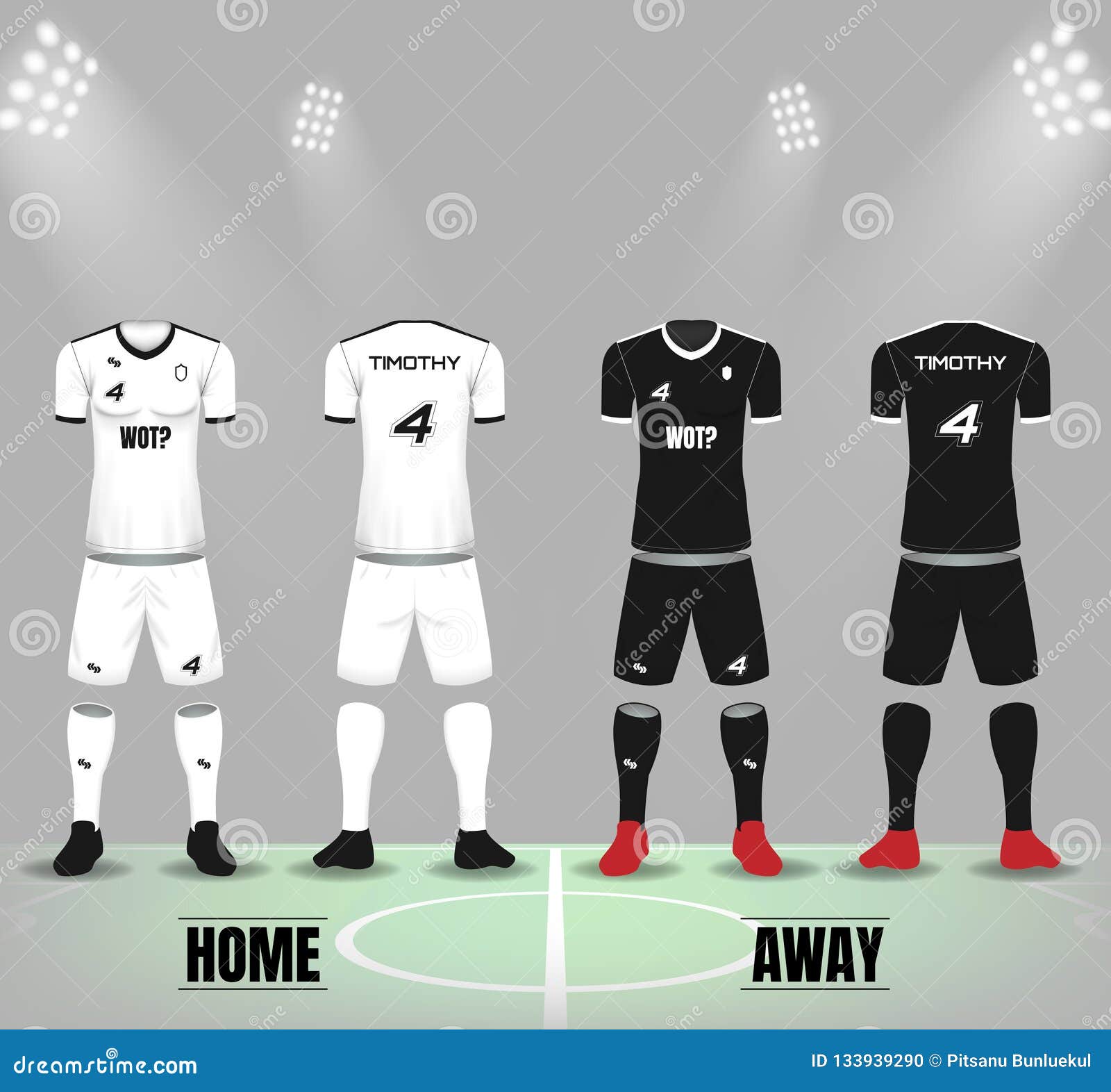 White and Black Soccer Uniforms with Shoes and Socks Stock Vector