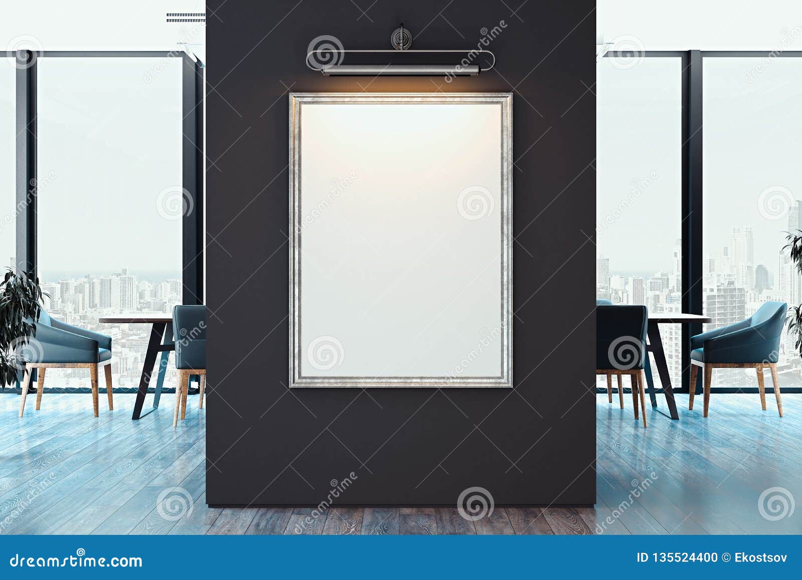 White Blank Canvas Poster on Dark Wall in Modern Bright Office, 3d