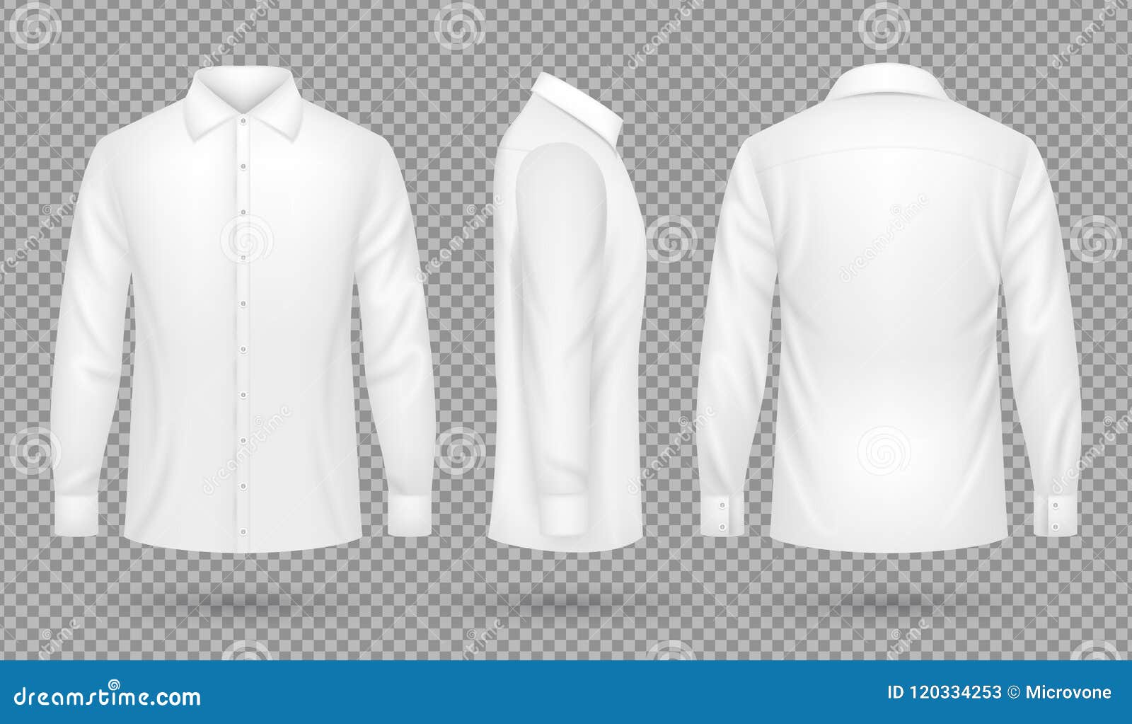 White Blank Male Shirt with Long Sleeves in Front, Side, Back Views ...