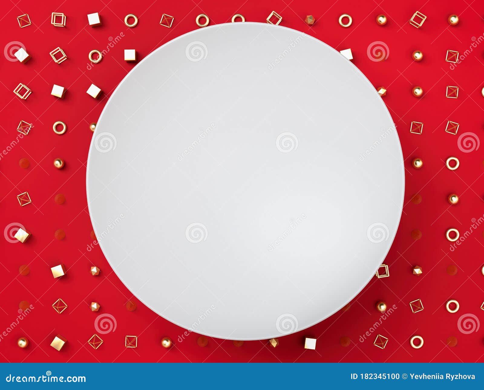 white blank round frame or banner over golden s and figures on red background. 3d render. place your text on copy