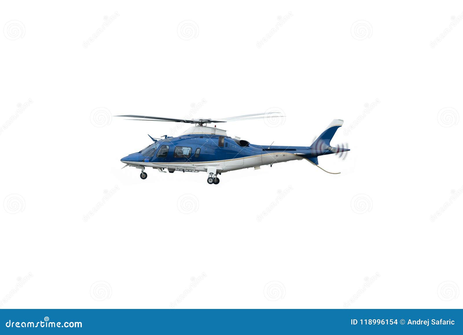 White and Blue Helicopter in Flight, Isolated on White Stock Photo