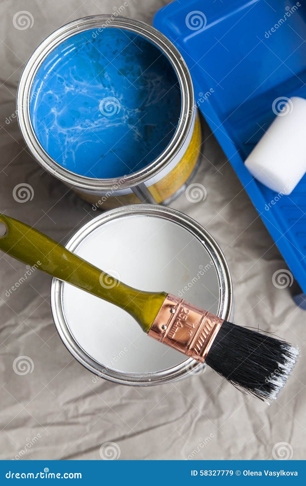 White and Blue Paint in Cans and Brush Stock Image Image of repair