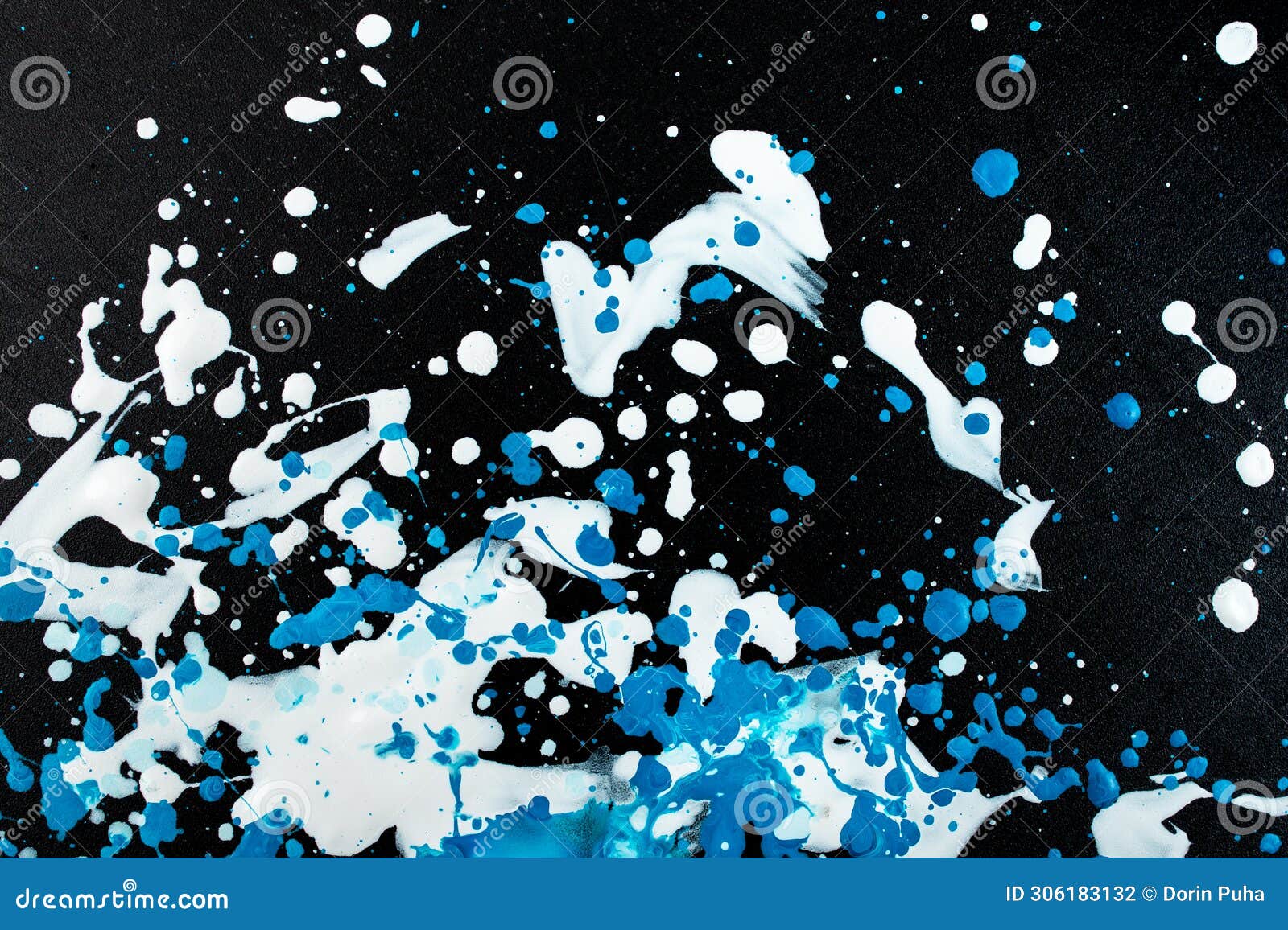 White and Blue Paint Splatter on Black Background, Abstract Texture