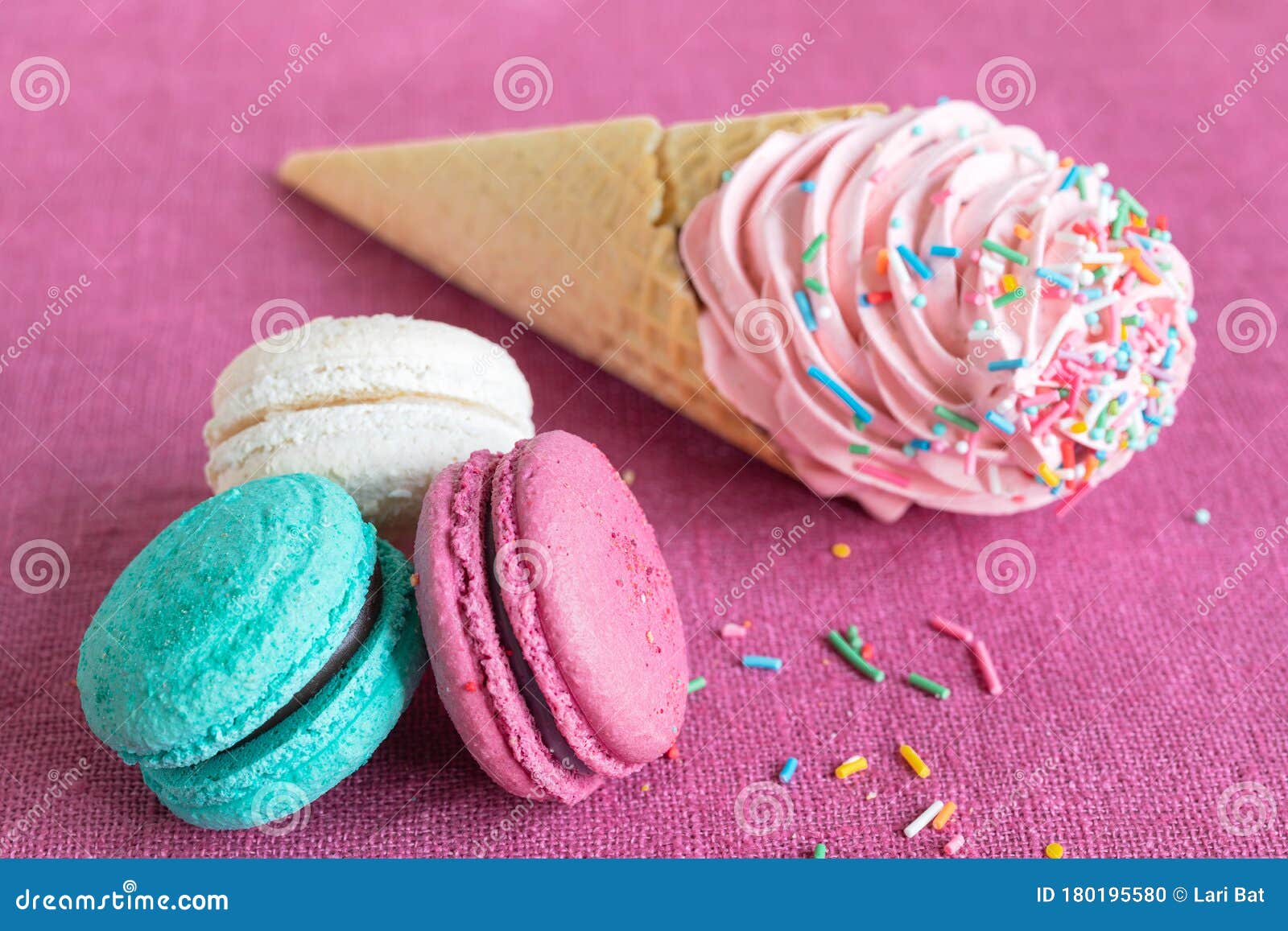 White, Blue and Purple Macaroons, Waffle Cone with Homemade Marshmallow ...