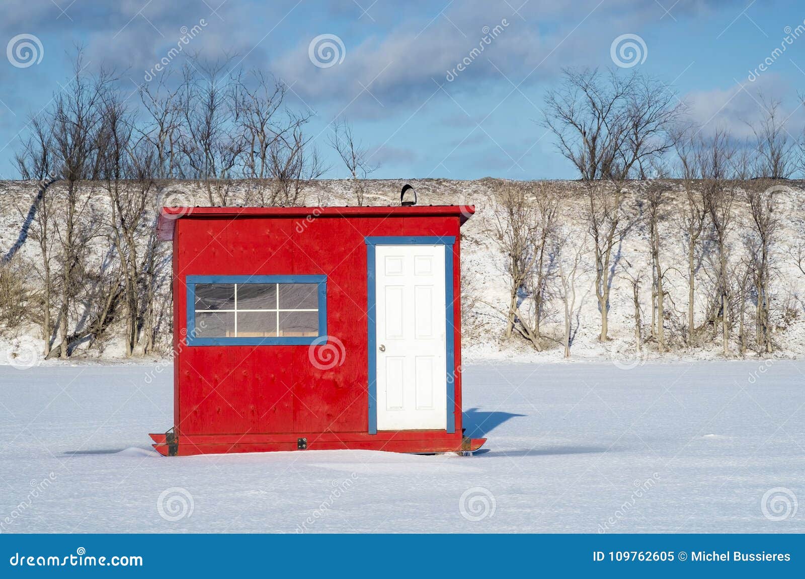 White Blue Red Ice Fishing Cabin Stock Image - Image of crossing