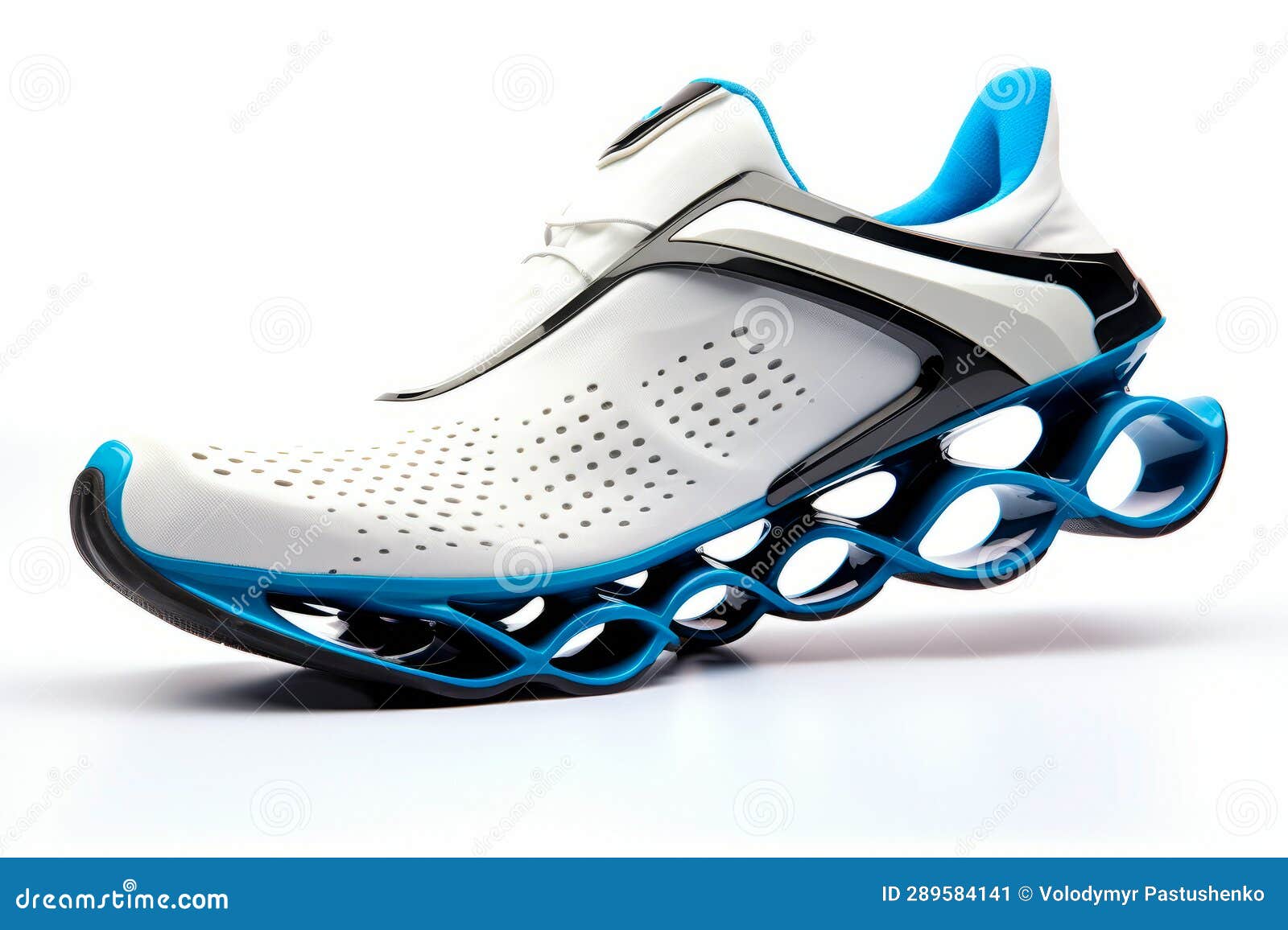White and Blue Shoe with Black and Blue Sole. Generative AI Stock Image