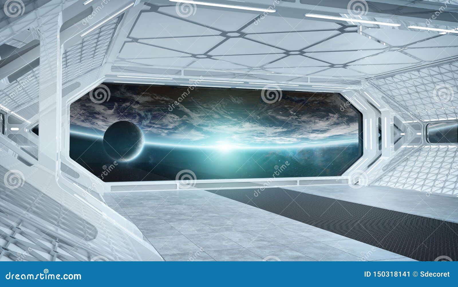White Blue Spaceship Futuristic Interior With Window View On