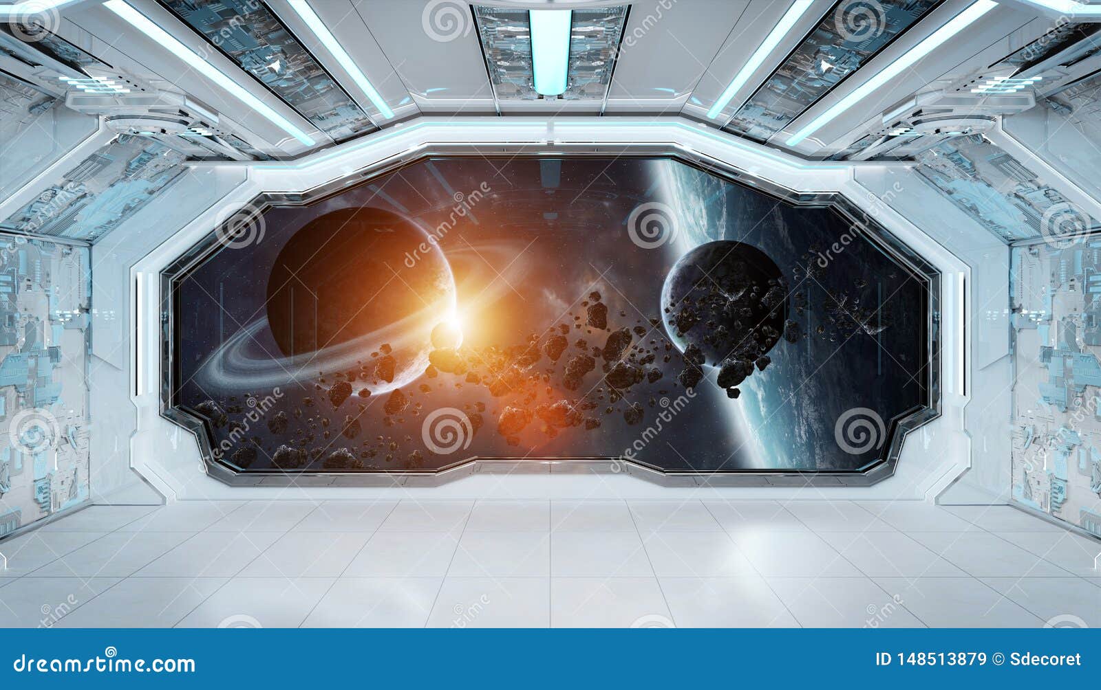 White Blue Spaceship Futuristic Interior With Window View On