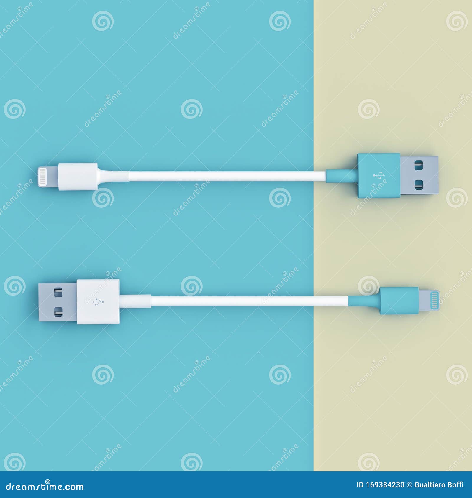 White and Blue Usb Connection Cables on a Flat Lay Style Stock