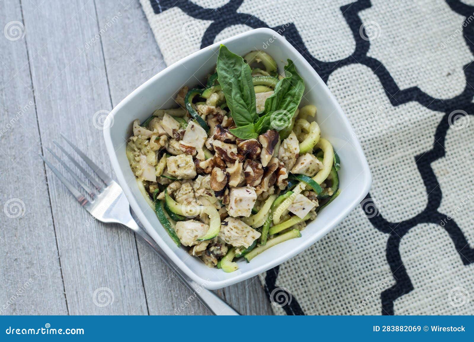 White Bowl Overflowing with Chicken Zoodles. Stock Image Image of