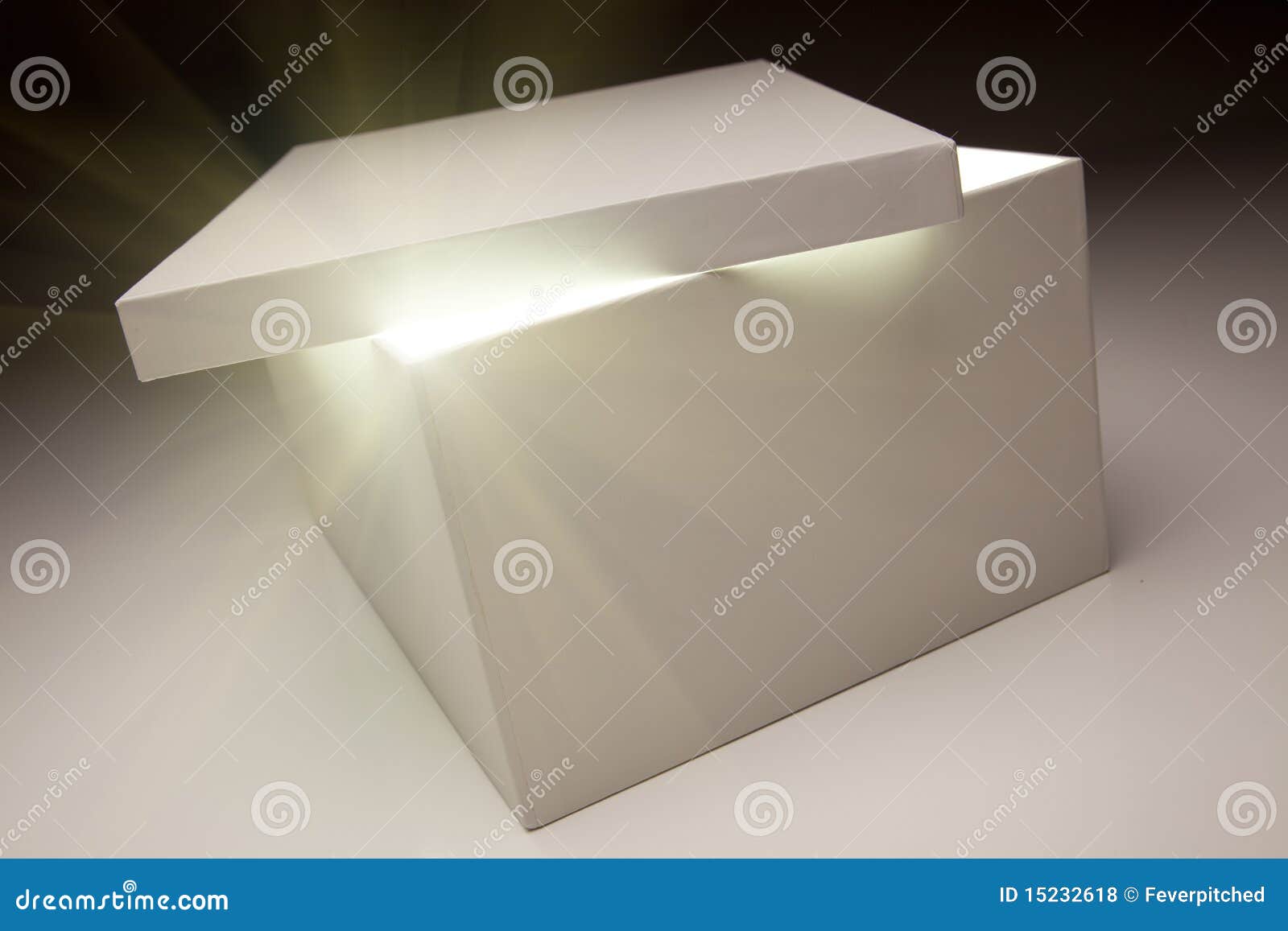white box with lid revealing something very bright
