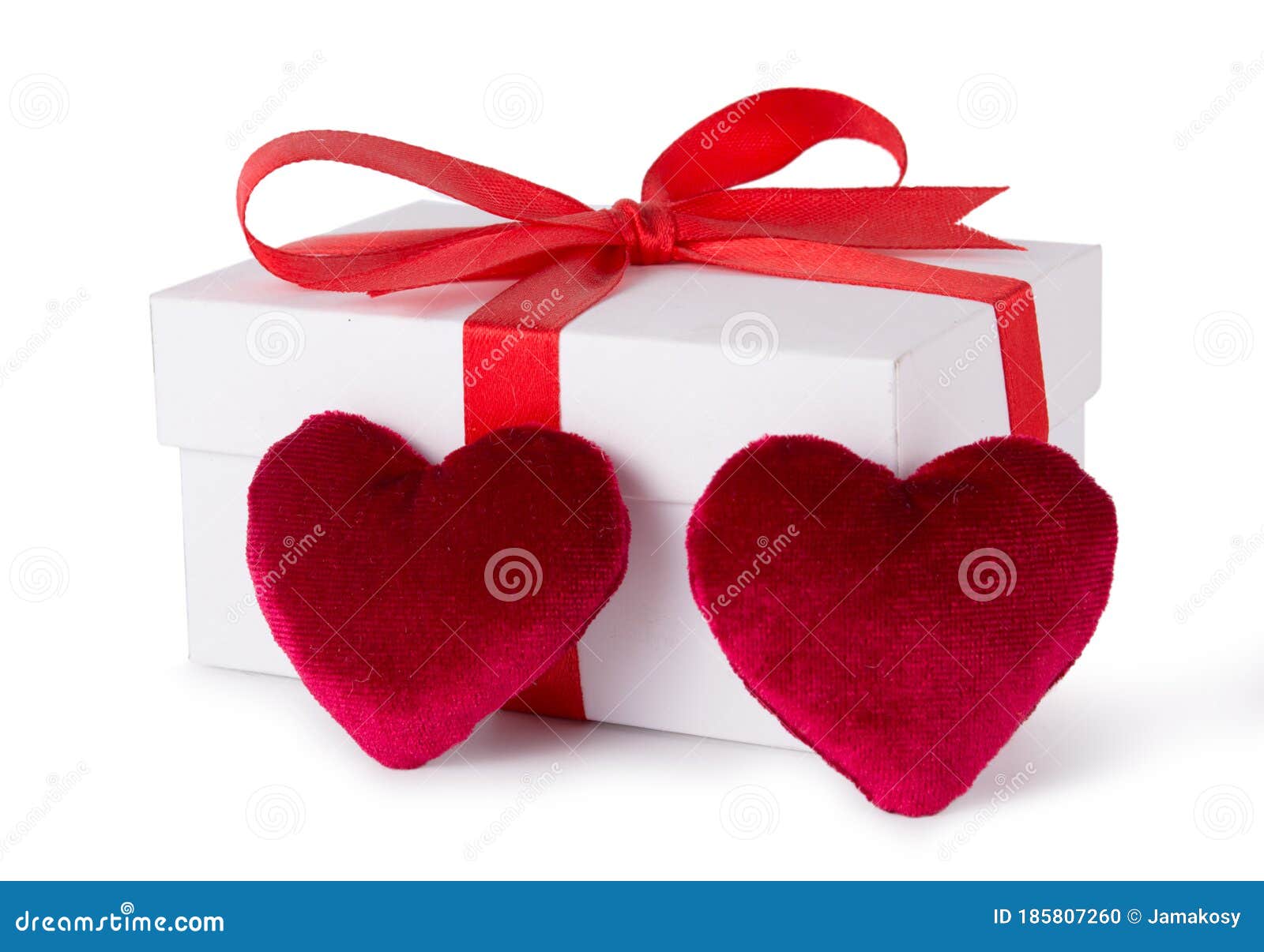 White Box with Red Heart Bow and Ribbon Isolated on White Background