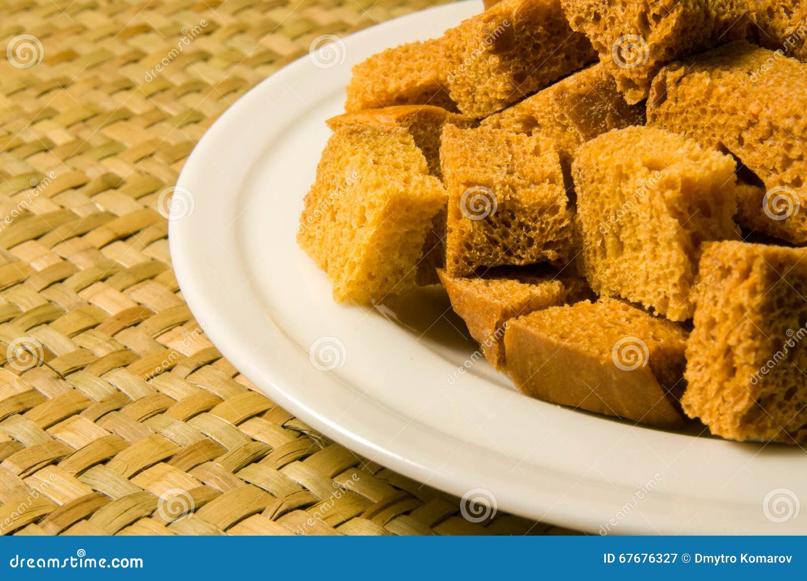 White Bread Croutons on White Plate Closeup Stock Image Image of