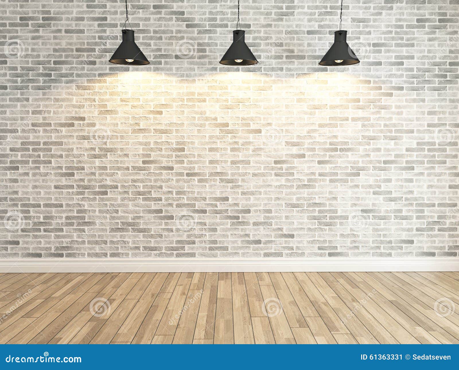 White Brick Wall Decoration Under the Three Spot Light Rendering Stock ...