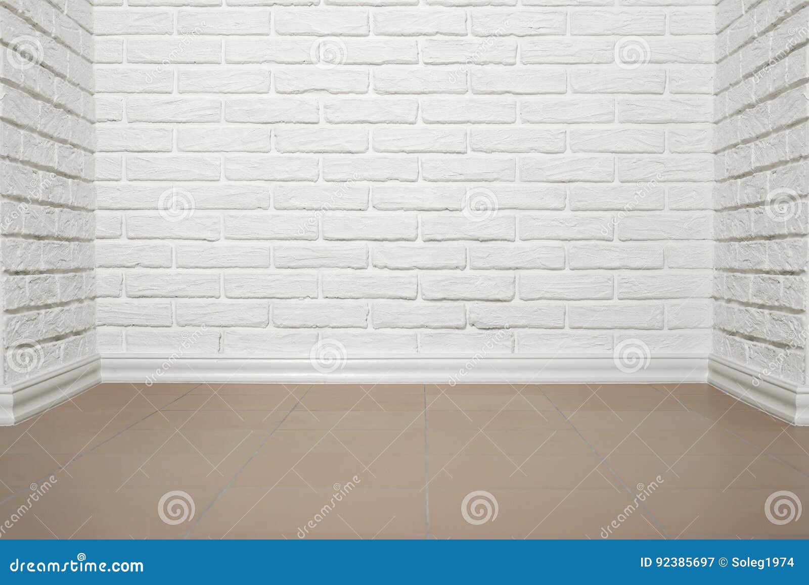 White Brick Wall with Tiled Floor, Abstract Background Photo Stock