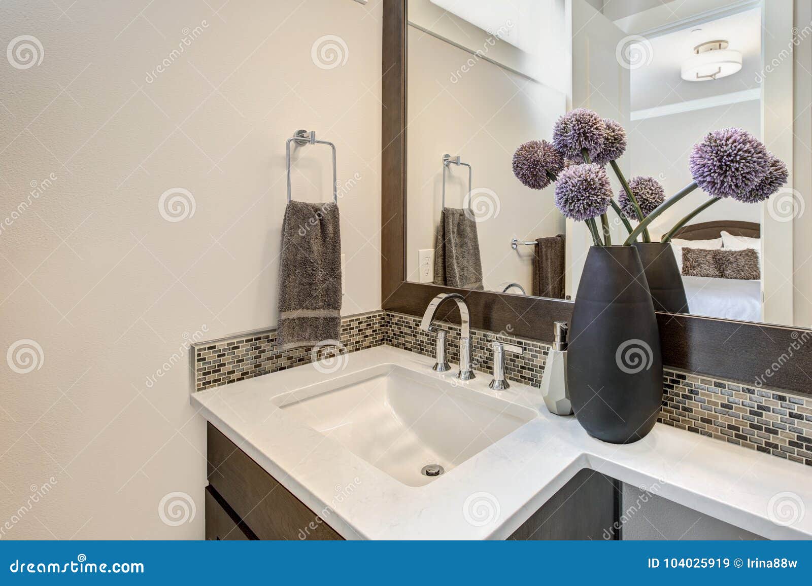 White And Brown Bathroom Interior With Vanity Cabinet Stock Image Image Of Building